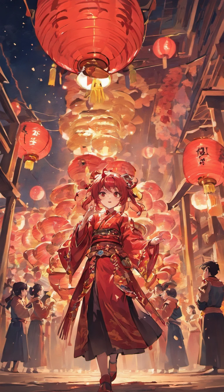 Mid-Autumn Festival，celebrating，A series of red lanterns，Plays drums，Festive atmosphere，Clear detail，No Man