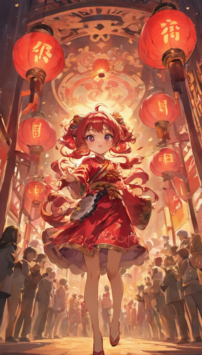 Mid-Autumn Festival,celebrating,A series of red lanterns,Plays drums,Festive atmosphere,Clear detail,No Man