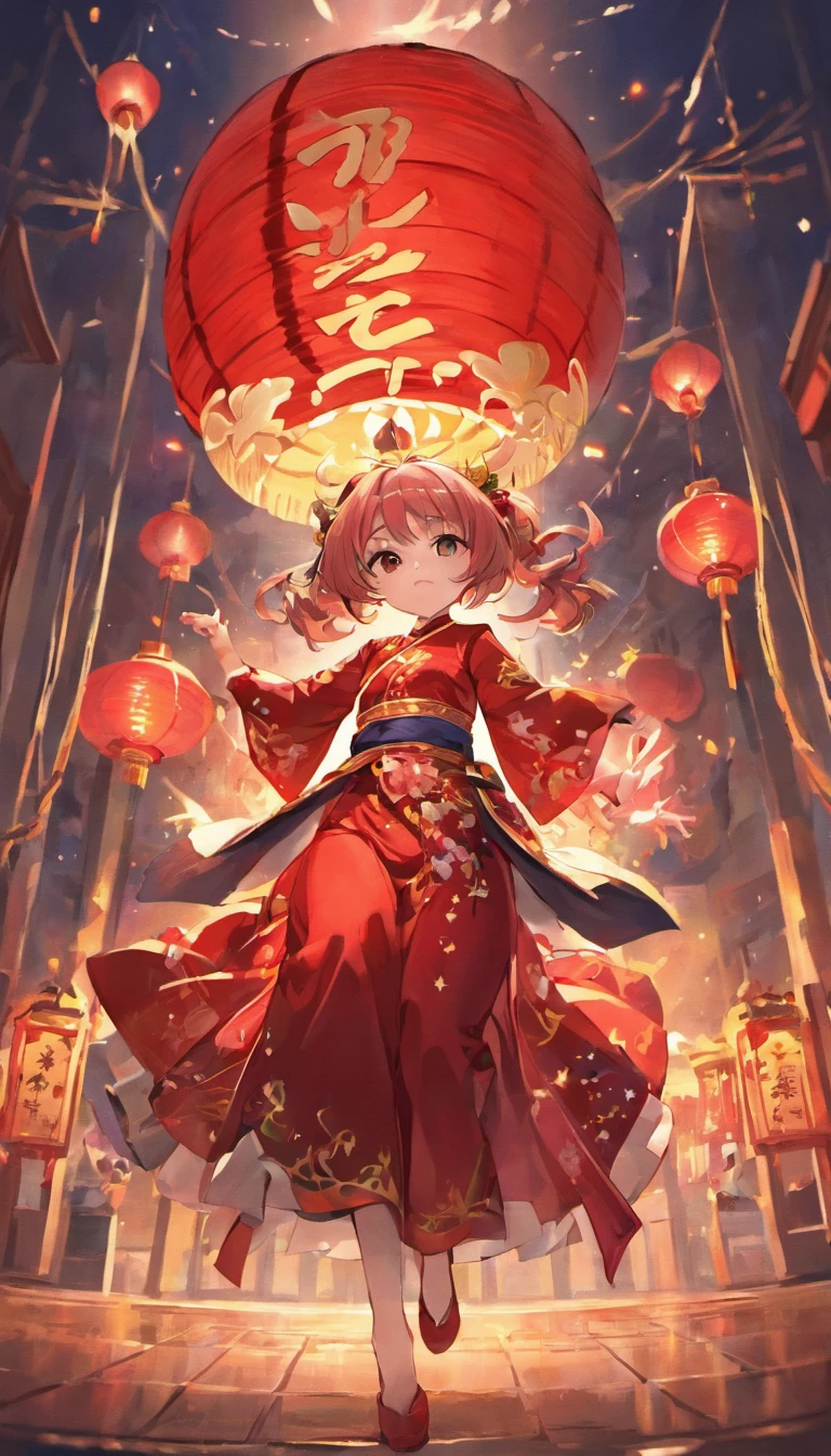 Mid-Autumn Festival,celebrating,A series of red lanterns,Plays drums,Festive atmosphere,Clear detail,No Man