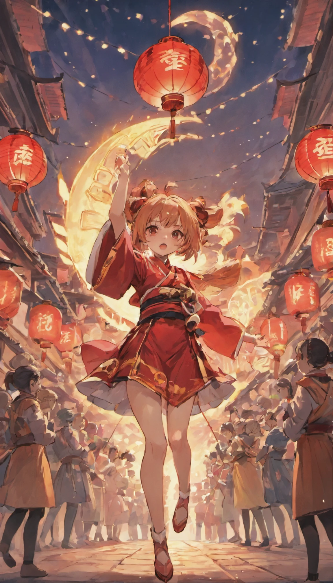 Mid-Autumn Festival,celebrating,A series of red lanterns,A lot of people who play drums,Festive atmosphere,Clear detail