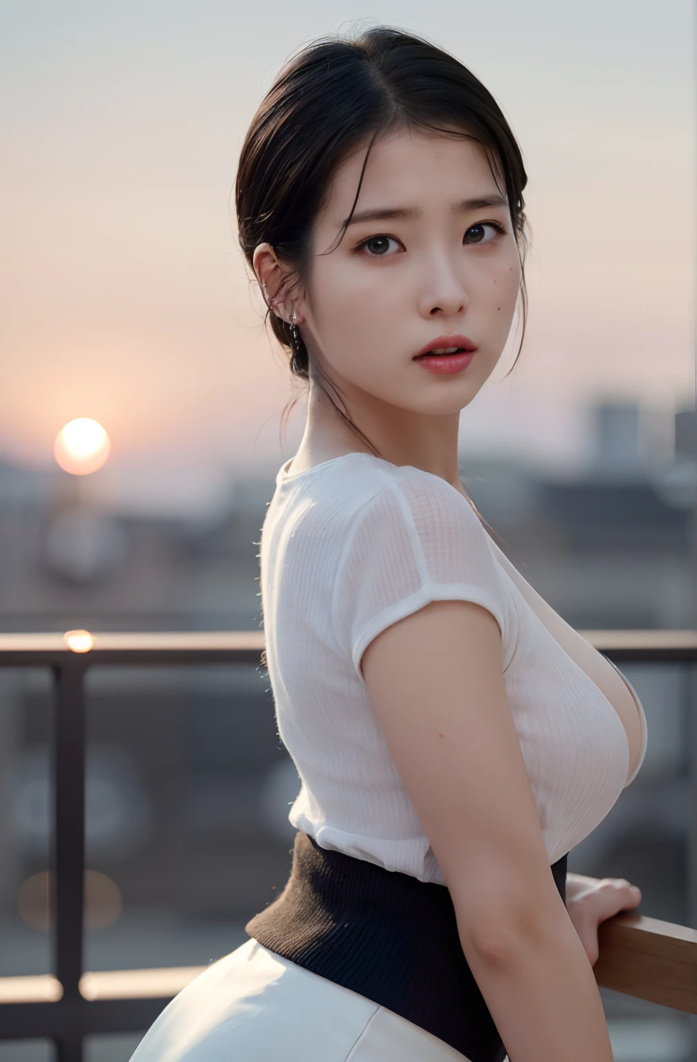 (8k, best quality, masterpiece, ultra highres:1.2) Photo of Pretty Japanese woman beautiful, beautiful enchanting fashion contemporary painting with a, looking at the viewer, ((sunset background)), (1girl), (white shirt short sleeves), ((black pencil skirt)), belt, ((hand down)),black hair, medium hair, high angle photo of a gorgeous woman, realistic skin texture, looks up, (nudity), round chin, 50 mm art lens, f 1. 2, sharp focus, 8 k high definition, insanely detailed, intricate, elegant, small breasts, dynamic pose, tiny breasts, deep cleavage