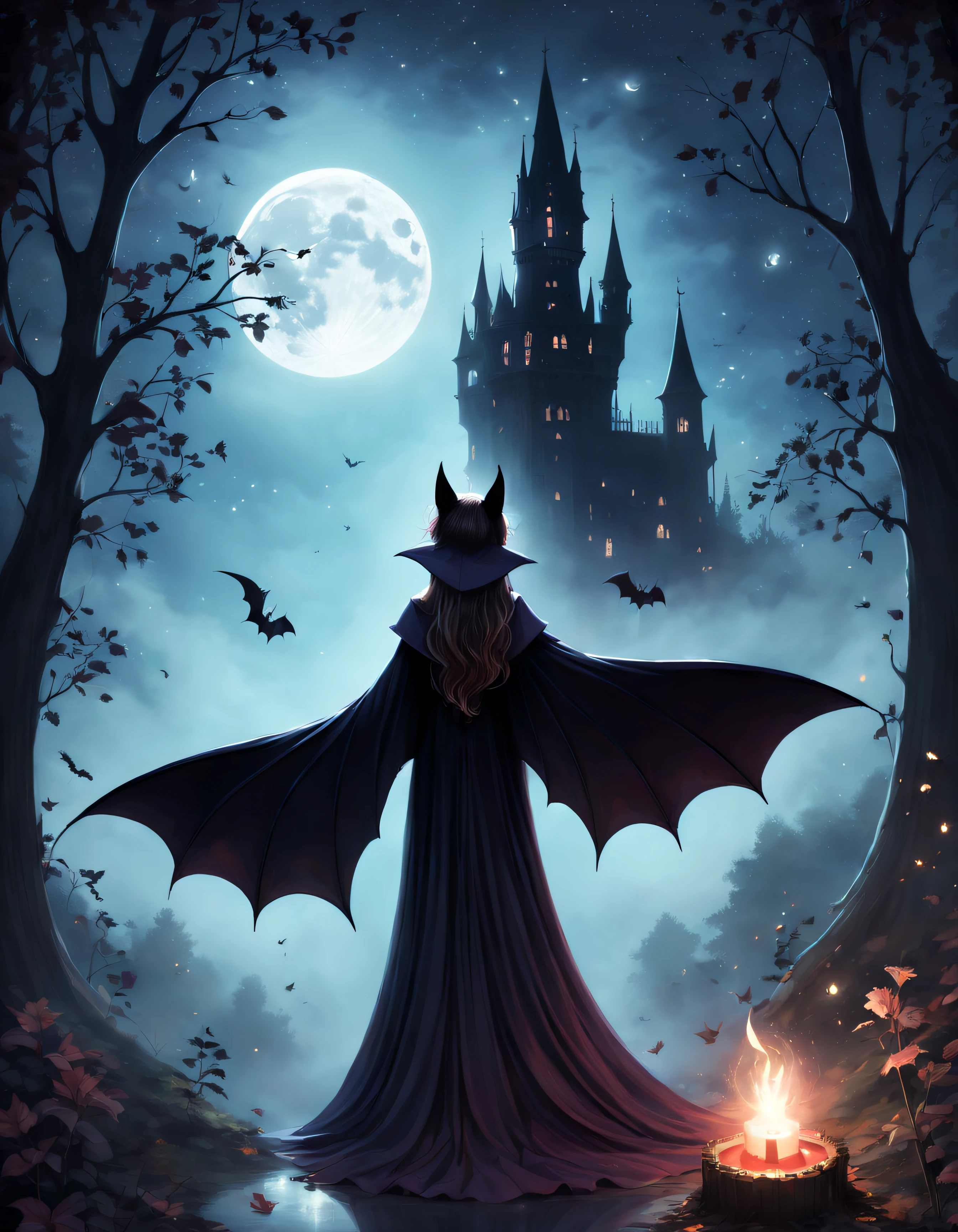 Cute Cartoon,CuteCartoonAF, view from behind, an alluring (solo:1.3) vampire queen, (bat cloak), (amidst magical mist:1.2), dark (summer woods), breathtaking moonlit night, falling stars, gothic tower, (glowing flora), (bats), epic, (performing a ritual:1.5)