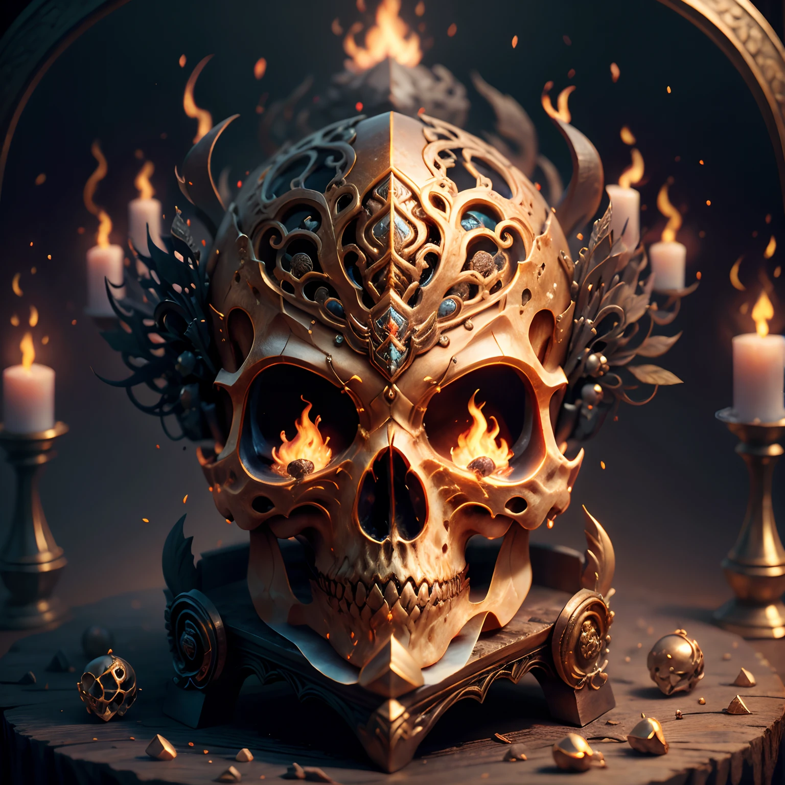 Intricately carved burning cranium，Exhibition stand，Mysterious atmosphere，Close-up of the cranium, fantasy cranium