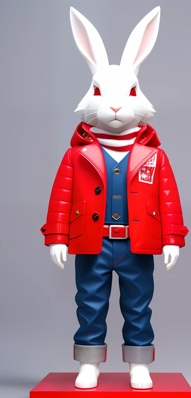 A rogue rabbit in a red jacket and red jeans White Rabbit,Standing in front of it,(The left and right faces are symmetrical)3D statue plastic mold effect,The plastic metal feel of the face is obvious,