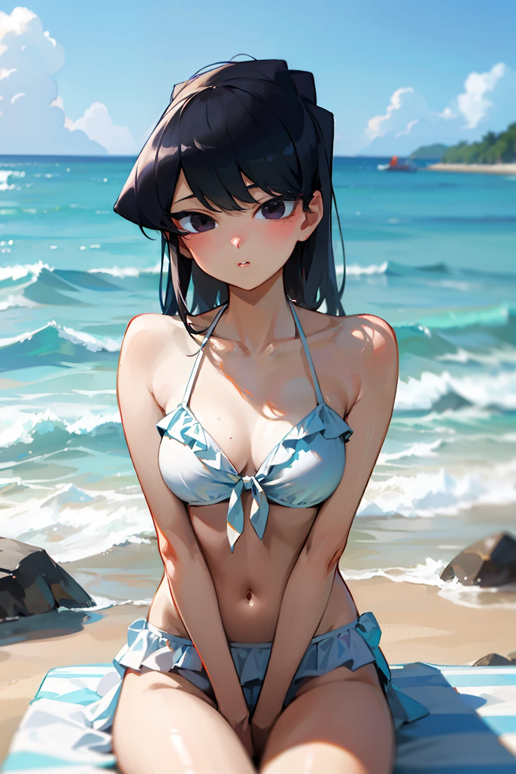 (komishuuko),beautiful,masterpiece, best quality, extremely detailed face,beach,medium breasts,outdoors,sunny,looking at viewer, 1 girl, shy, white bikini