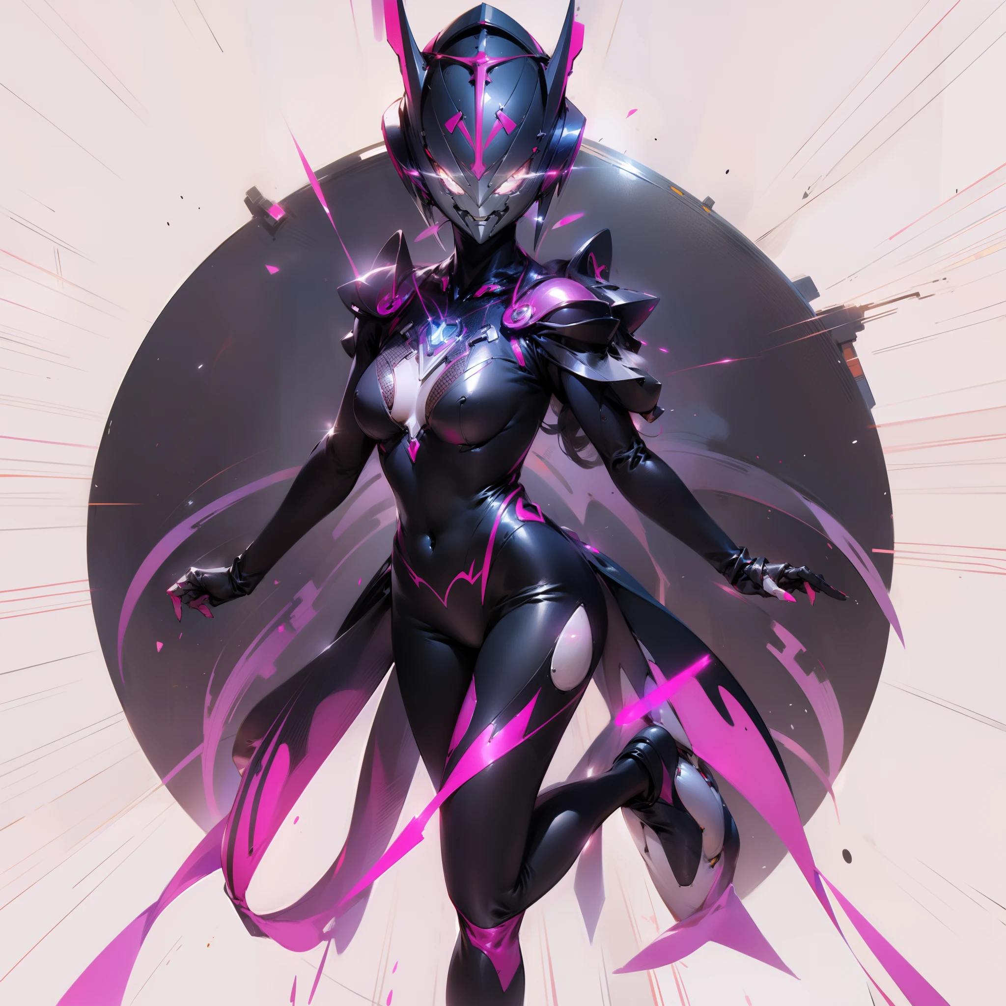 Ultraman Woman, （High quality）（The sheen）Covering her naked face with a black mask, Female Solo, Alien eyes shine。The whole body is covered with a black bodysuit, One female protagonist, Pink lines all over the body, Dark background,