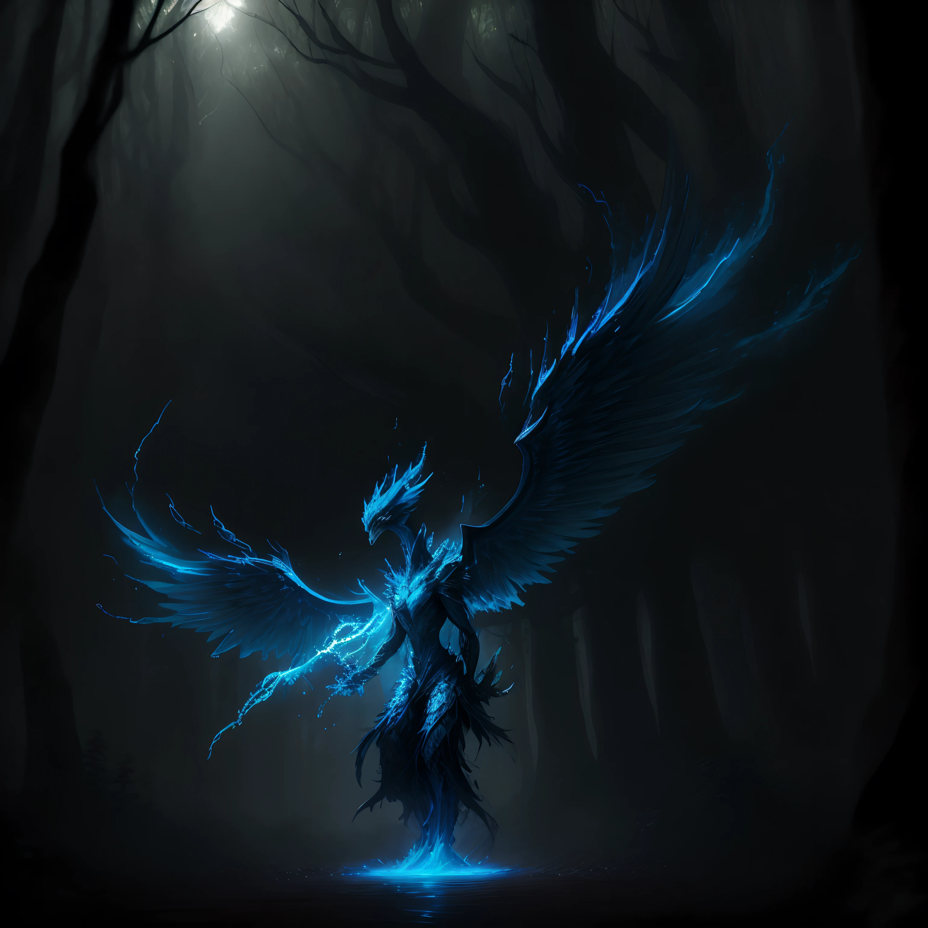 A blue phoenix reborn at dawn from the forest