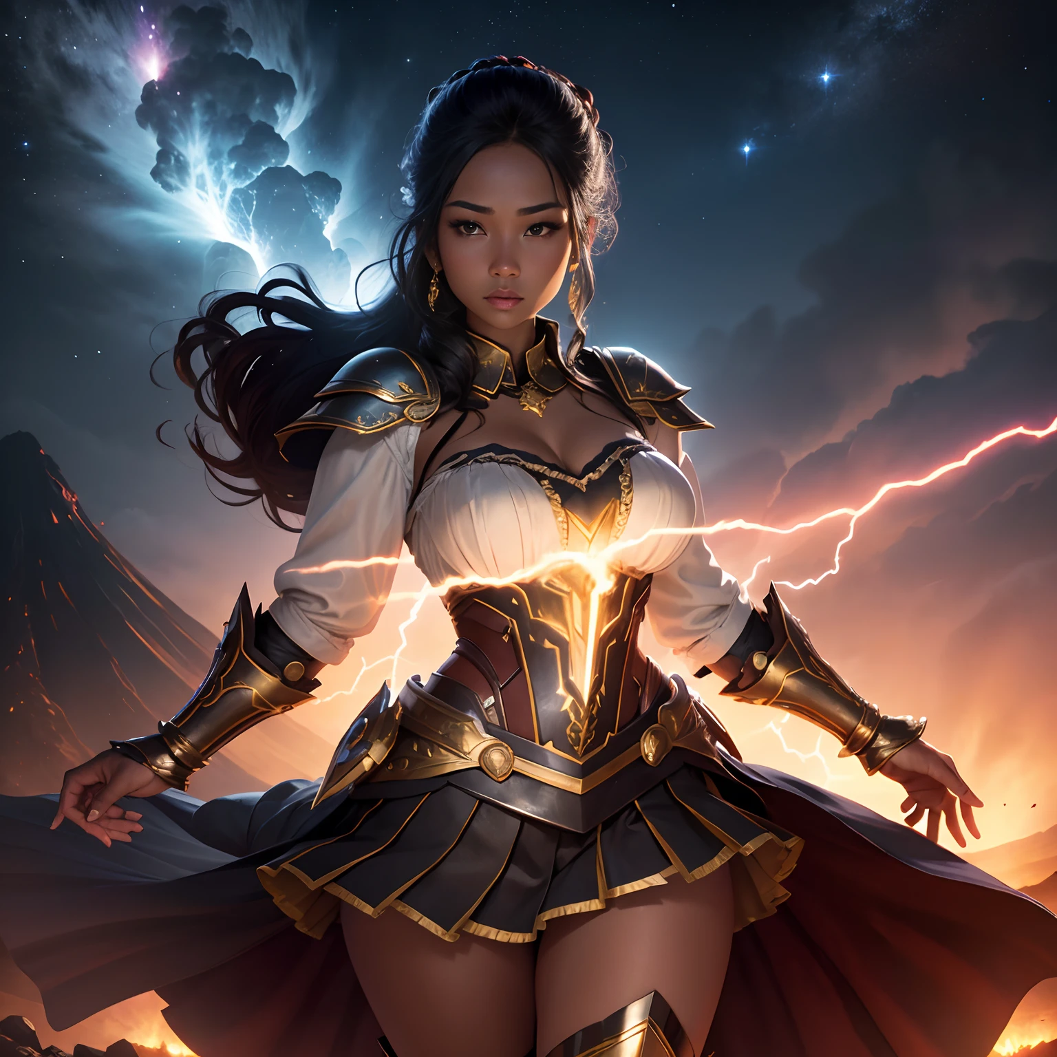 1girl, solo, masterpiece, high quality, high detail, 8k, volumetric lighting, subsurface scattering, beautiful 25 year old woman, pacific islander, (dark skin:1.4), chignon updo, large breasts, cleavage, (blouse:1.4), tiara, tie, gilded fantasy armor, (pleated skirt:1.2), (greaves:1.2), lightning surrounds her, standing on top of a mountain, giant volcano erupting in background, sky full of stars, superhero pose, action pose
