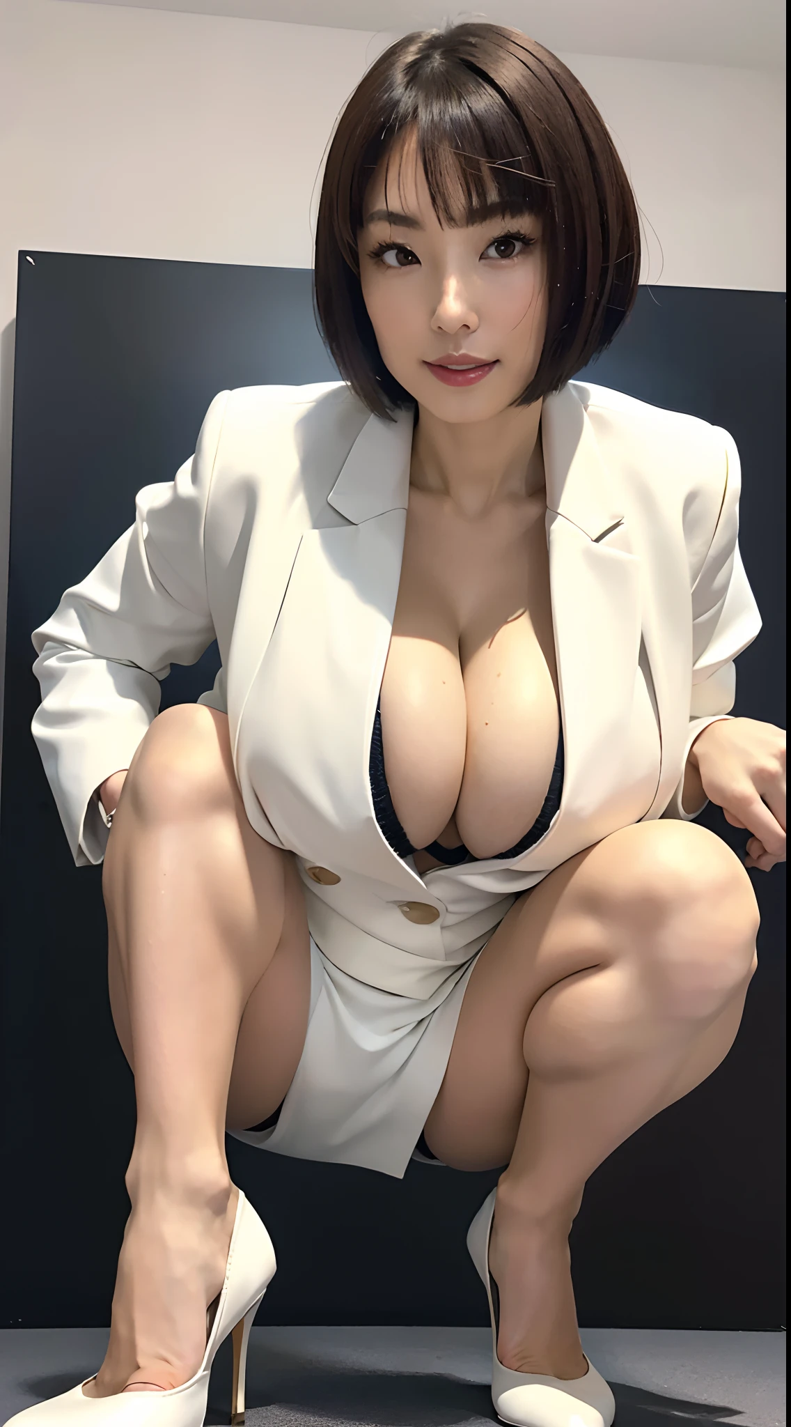 (8K、超A high resolution、The ultra -The high-definition、An ultra-high picture quality、Ultrarealistic、Best Quality、masuter piece)(a Pretty Japanese woman、Black hair short bob:1.1)(huge tit、toned body、big butts:1.3)(Officelady、Tight white shirt、white jaket、White Tight Skirt、high-heels、Hide all breasts:1.2)In the office district、Open your legs quite wide to the sides、Squats with wide bent knees