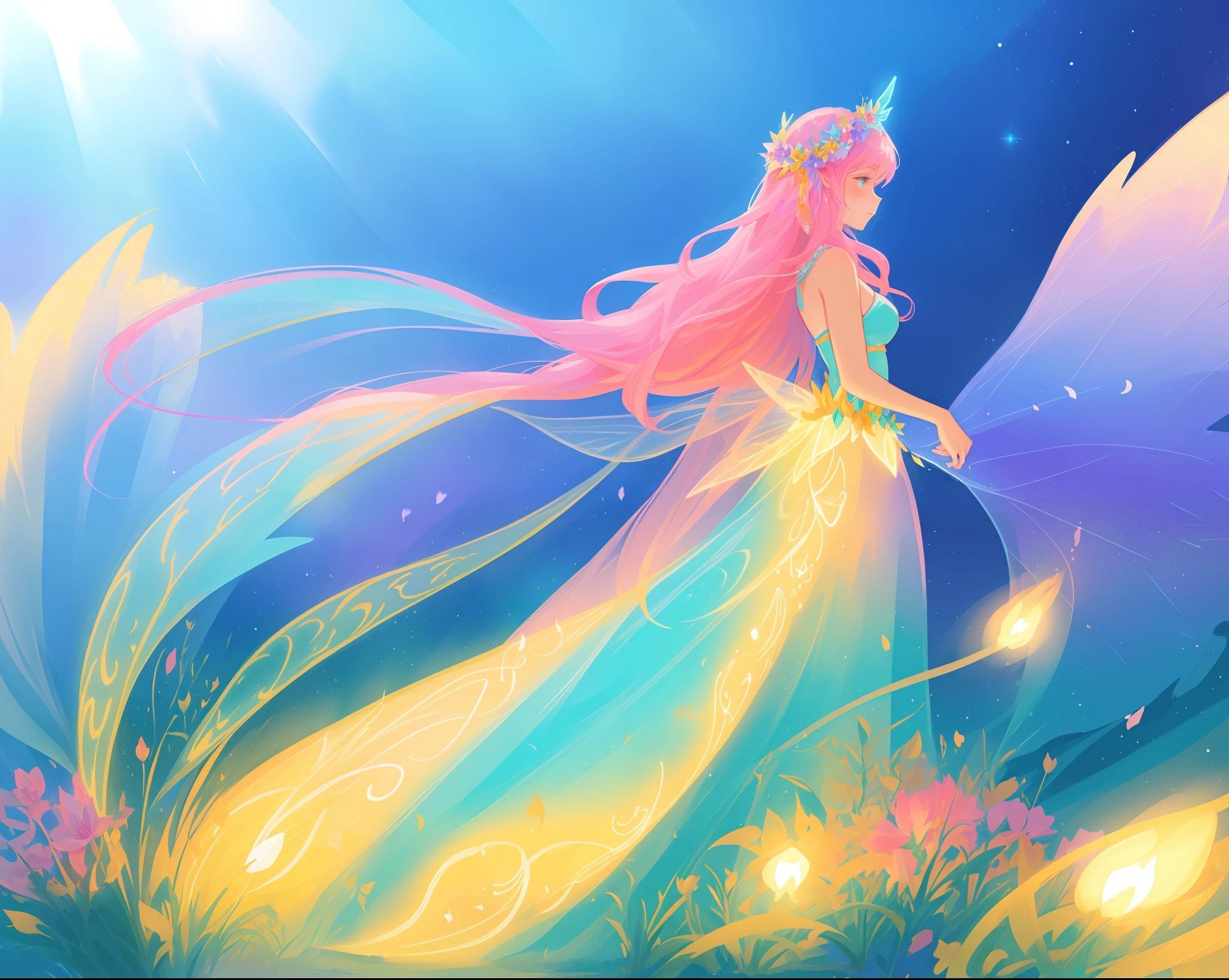 beautiful girl in flowing liquid dress, fairy dress, fairy queen, magical otherworldly landscape, (glowing fairy wings), glowing flowing ballgown, long hair, sparkling fairy wings, watercolor illustration, flowers and colorful plants, inspired by Glen Keane, inspired by Lois van Baarle, disney art style, by Lois van Baarle, glowing aura around her, by Glen Keane, jen bartel, glowing lights! digital painting, flowing glowing hair, glowing flowing hair, beautiful digital illustration, fantasia otherworldly landscape plants flowers, beautiful, masterpiece, best quality, anime disney style