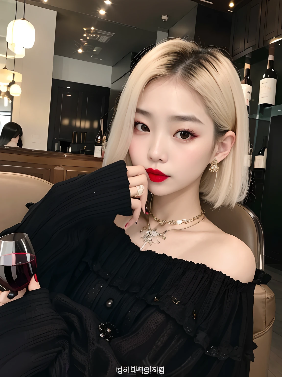 A closeup of a person holding a glass of wine, cruel korean goth girl, maquiagem sul-coreana popular, maquiagem coreana popular, Ulzzang, menina coreana, Mulher sul-coreana bonita, linda mulher coreana jovem, branco hime corte penteado, Retrato