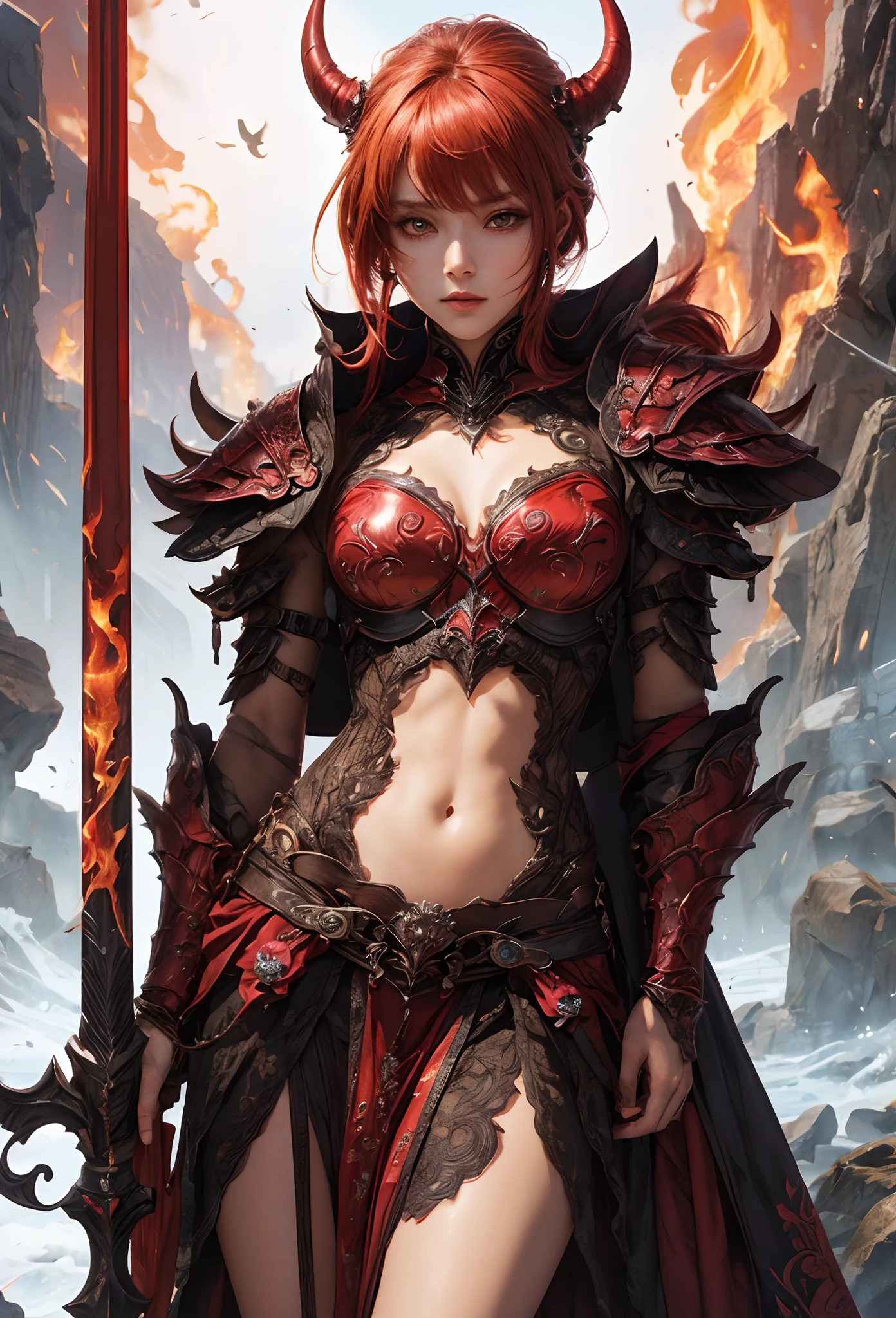 (Detailed illustrations,Very detailed and detailed drawing,Delicate lines with slow and rapid,Realistic texture expression),[Color tressed main line],[Lava cave background [Hot hell:0.4]],HENAI ANIME (Red-skinned DemonGirl 19 years old slender muscular) Flame hair (Devil's Knight:0.8),(Bone armor [crack in the chest:0.6] [Blade of Fresh Blood:0.4]) (edg),[[Dark Fantasy]],(Intricate and beautiful decoration [Dense detail]),(Fine and beautiful skin expression [Transparency]),[Perfect eye details (Iris beautifully drawn in every detail)[Jewel-like eyes]],[long and beautiful eyelashes],[Meticulously drawn hair [More on beautiful and shiny hair]],(Perfect hand details [Beautiful fingers without breakdowns [Beautiful nails]]),(Perfect Anatomy (Perfectly proportioned)) [[Full body like]],[Ideal color coordination(Accurate simulation of light-material interactions)],(HighQuality,[Precision Detail] hight resolution,(detaileds,high-detail)),[Visual art that conveys a sense of narrative].