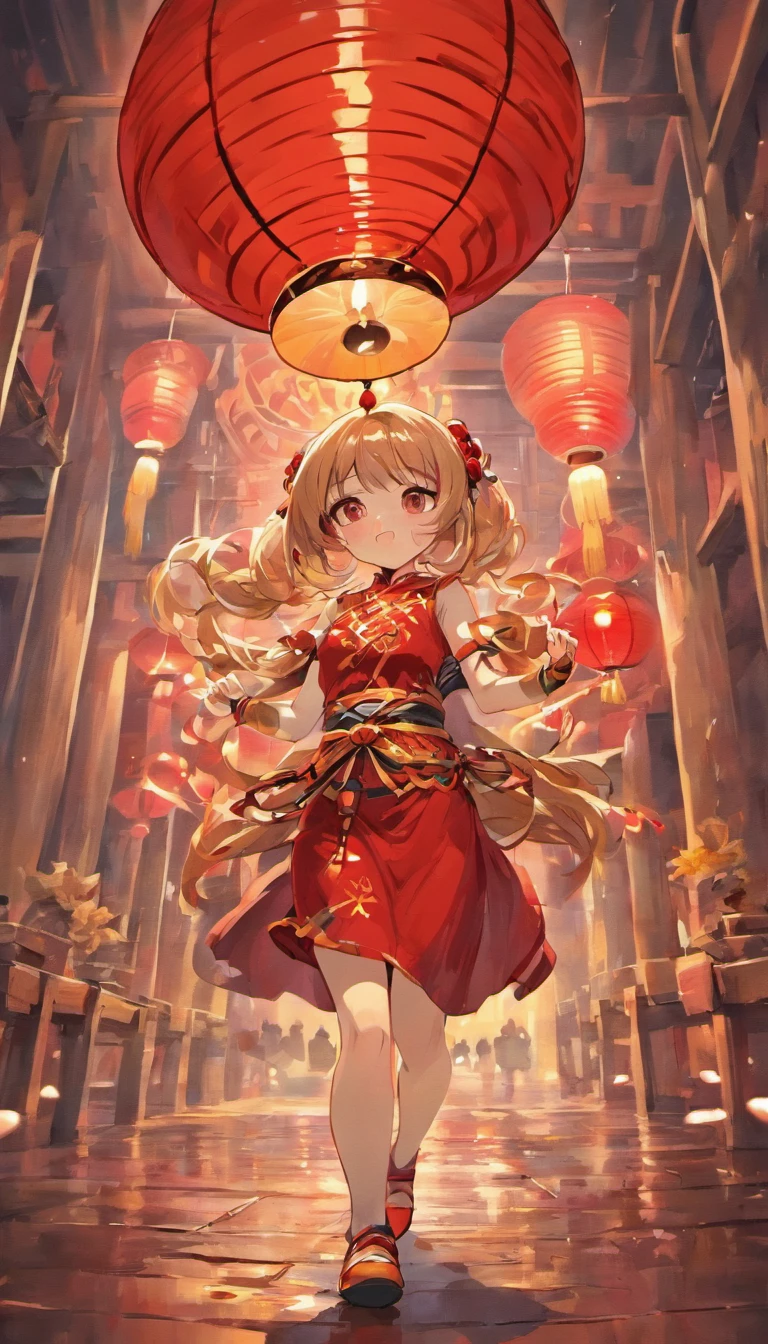 Mid-Autumn Festival,celebrating,A series of red lanterns,Plays drums,Festive atmosphere,Clear detail,There is a lot of water on the ground