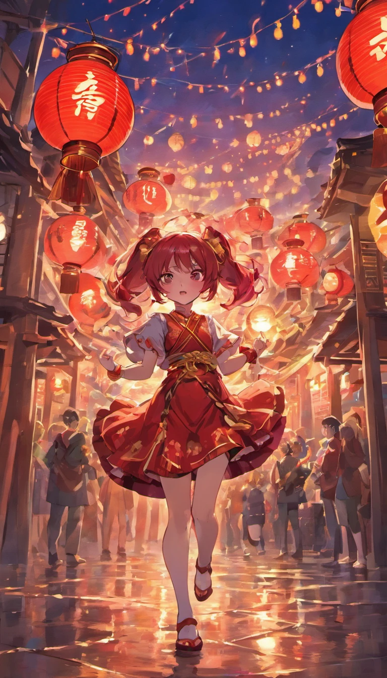 Mid-Autumn Festival,celebrating,A series of red lanterns,Plays drums,Festive atmosphere,Clear detail,There is a lot of water on the ground