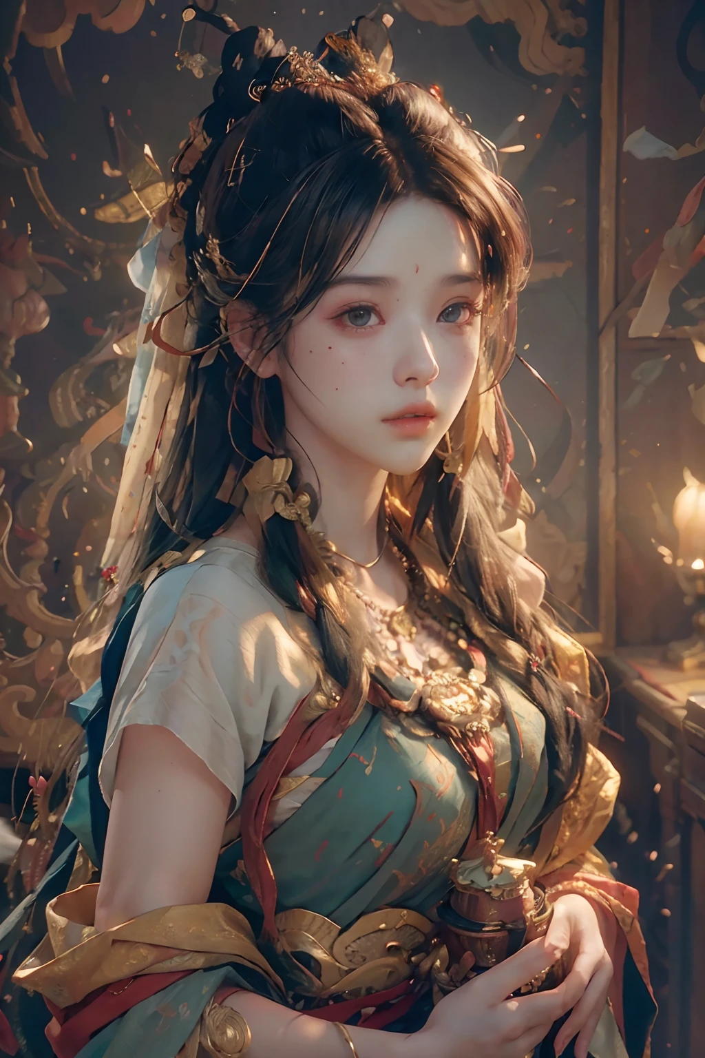(RAW photo, best quality), (realistic, photo-realistic:1.3),best quality,highly detailed,masterpiece,ultra-detailed,illustration,1girl,upper_body,dynamic angle,world masterpiece theater,messy_long_hair,best quality,extremely detailed CG unity 8k wallpaper,ink,Amazing,cinematic lighting,lens_flare, dunhuang_style
