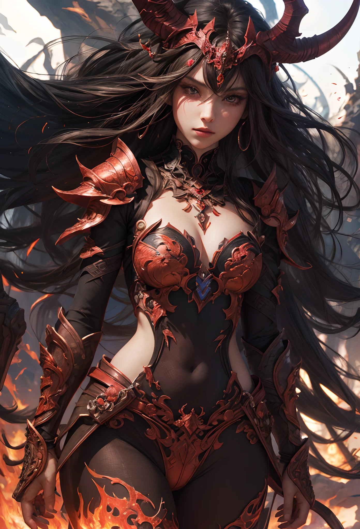 (Detailed illustrations,Very detailed and detailed drawing,Delicate lines with slow and rapid,Realistic texture expression),[Color tressed main line],[Lava cave background [Hot hell:0.4]],HENAI ANIME (Red-skinned DemonGirl 19 years old slender muscular) Flame hair (Devil's Knight:0.8),(Bone armor [crack in the chest:0.6] [Blade of Fresh Blood:0.4]) (edg),[[Dark Fantasy]],(Intricate and beautiful decoration [Dense detail]),(Fine and beautiful skin expression [Transparency]),[Perfect eye details (Iris beautifully drawn in every detail)[Jewel-like eyes]],[long and beautiful eyelashes],[Meticulously drawn hair [More on beautiful and shiny hair]],(Perfect hand details [Beautiful fingers without breakdowns [Beautiful nails]]),(Perfect Anatomy (Perfectly proportioned)) [[Full body like]],[Ideal color coordination(Accurate simulation of light-material interactions)],(HighQuality,[Precision Detail] hight resolution,(detaileds,high-detail)),[Visual art that conveys a sense of narrative].
