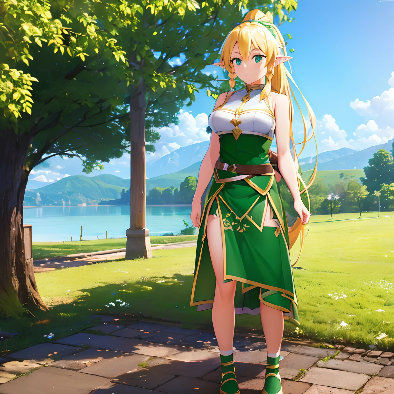 ((blonde girl), ((ponytail hair)), (Elf's ears), 1girl, (Green eyes),leafa, full size body, characher full body