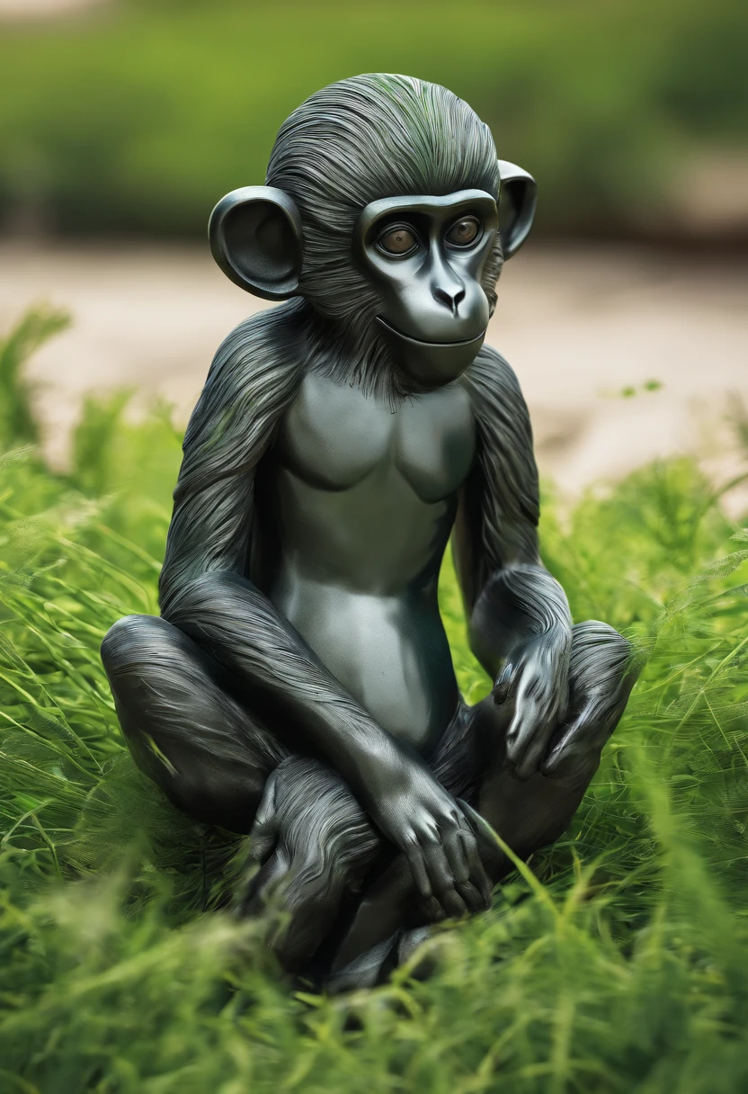 A colorful sculpture，Two monkeys hugging each other，(((The monkey has green grass on its head))),Big eyes，Black hair，k hd，Master rhythm，ancient wear，Sony SLR，Full body photo，k hd，Close-up shot，