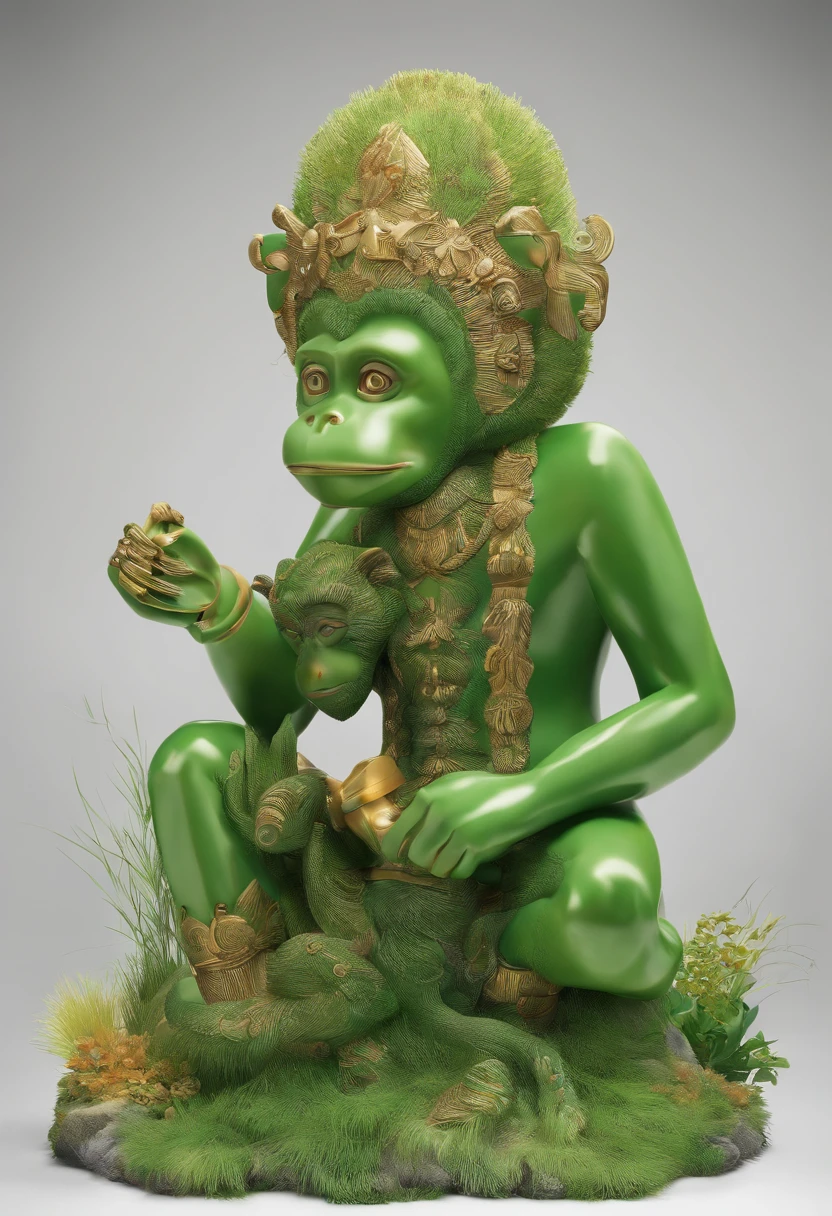 Chimpanzee cub with indigenous headdress on head, ((meditating)) large colored feathers, facing the camera, detail: sitting in the middle of dense tropical foliage, highly detailed intricate, ((masterpiece)), ultra hyperrealistic, masterpiece