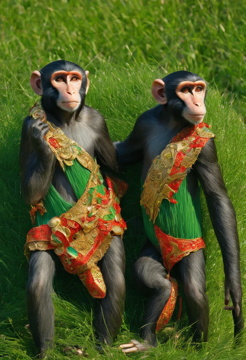 A colorful sculpture,Two monkeys hugging each other,(((The monkey has green grass on its head))),Big eyes,Black hair,k hd,Master rhythm,ancient wear,Sony SLR,Full body photo,k hd,Close-up shot