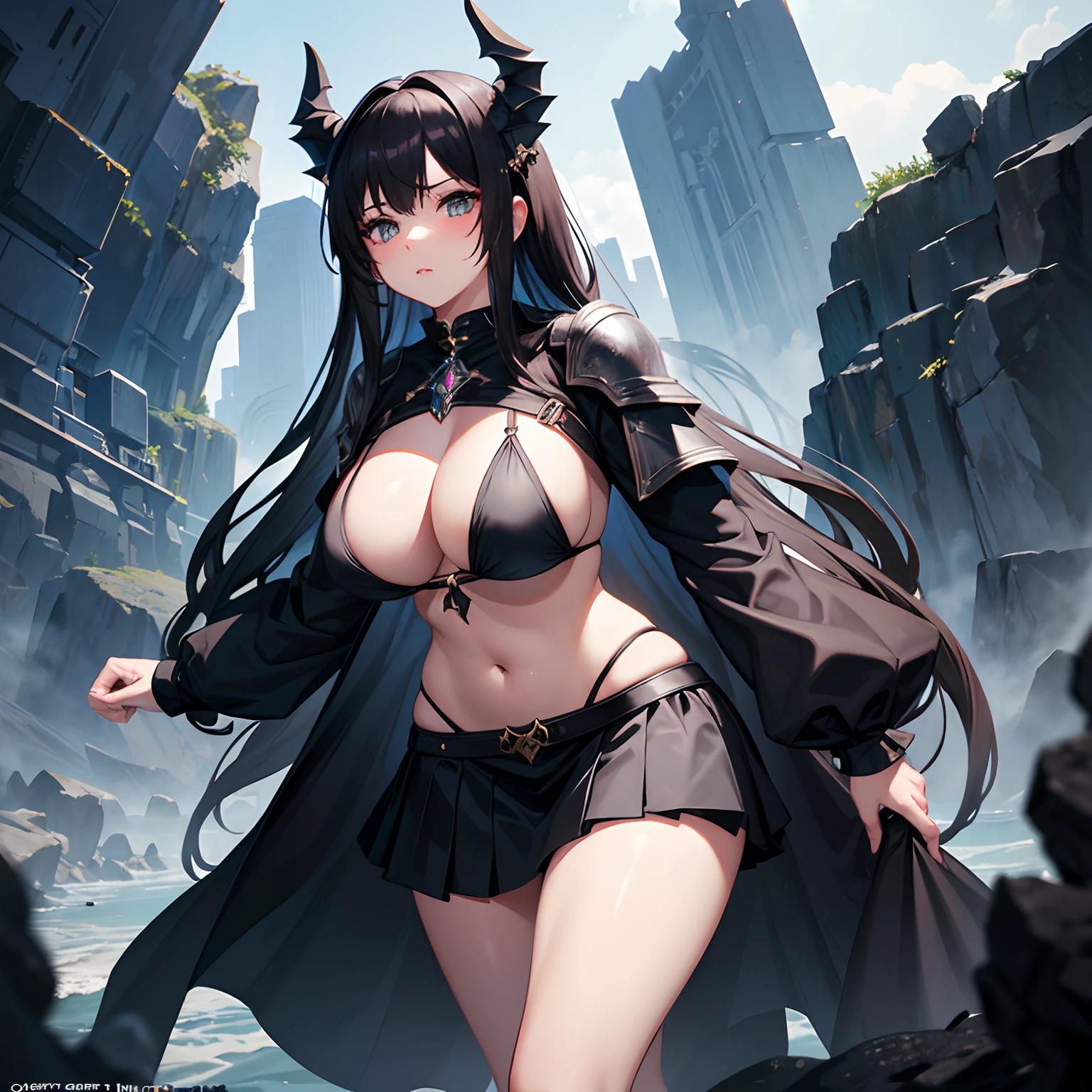 Fantasy theme // black Bikini armor with skirt // big boobs // death mage // godness