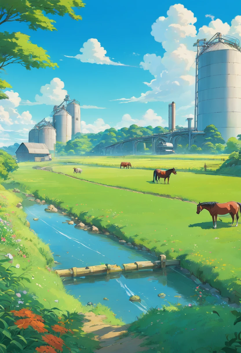 Landscaped and futuristic scenery for the Metaverse of a grass field, in the background plantations with a river with horses, cattle, blue sky, silo area, VR glasses, harvesting machines