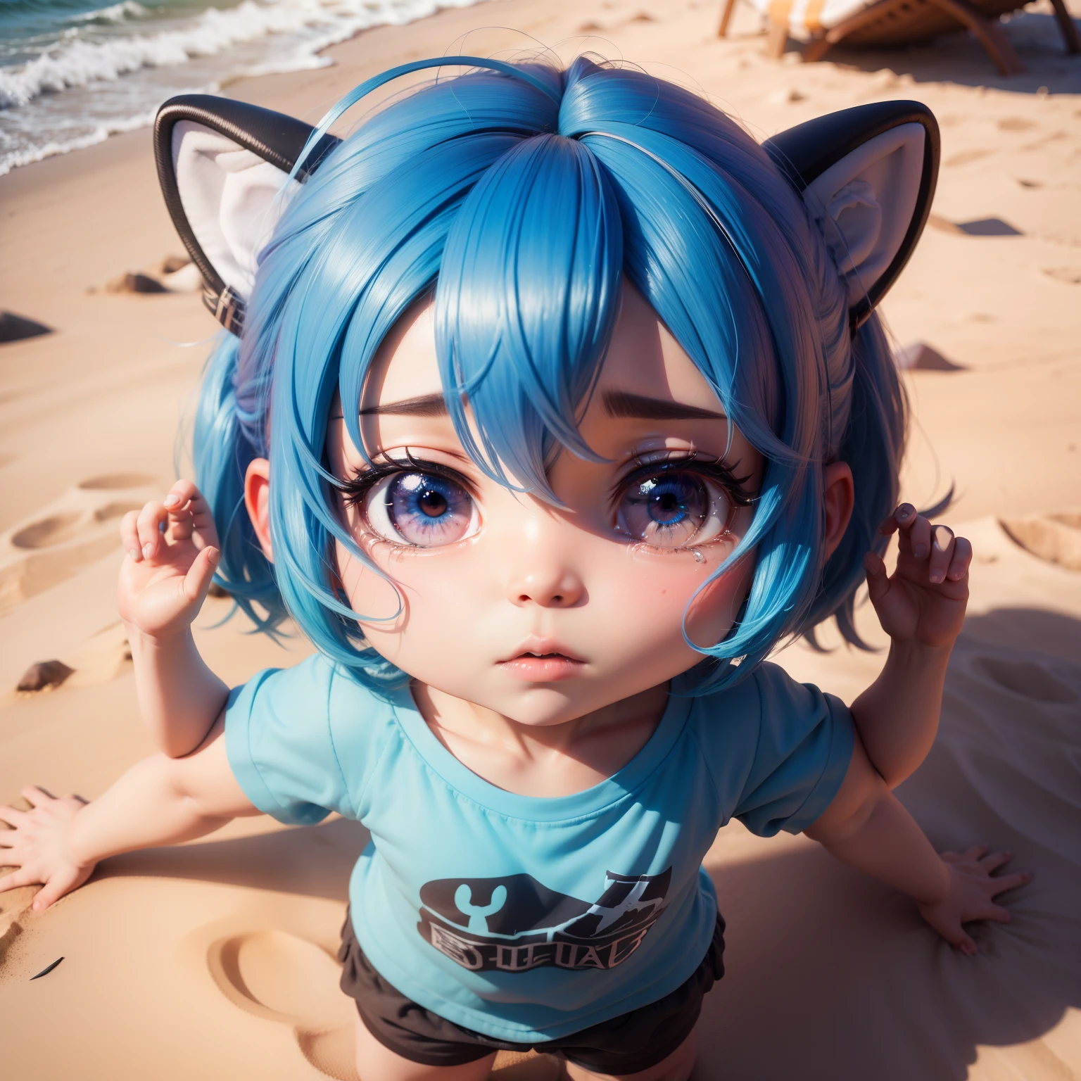 (((chibi3d)))cute,and beautiful chibi anime,upper body shot,Light blue and blue two-tone bob style hair,is crying,tears,Screaming,Mouth showing with open arms,(((Characters without animal ears)))tropical summer beach