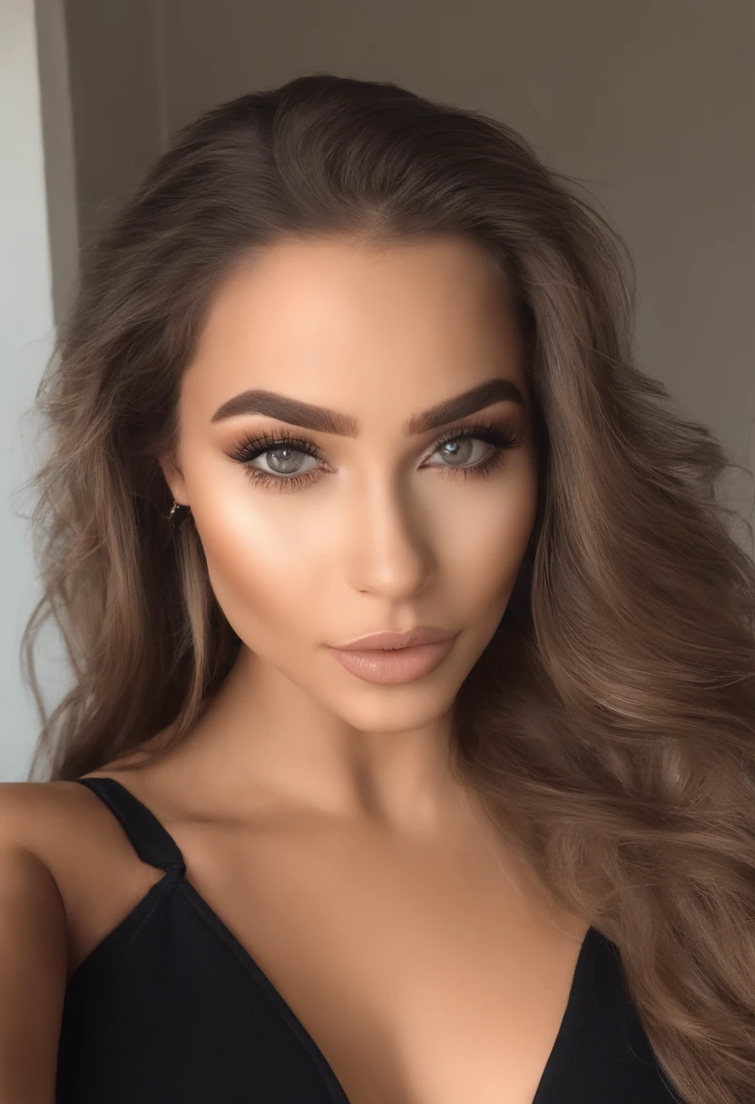 mulher arafed totalmente ,  com olhos castanhos, ultra realistic, meticulosamente detalhado, Retrato Sophie Mudd, cabelos castanhos e olhos grandes, selfie de uma jovem mulher, Olhos de Dubai, Violeta Myers, sem maquiagem, maquiagem natural, Looking directly at the camera, Rosto com ArtGram, maquiagem sutil, impressionante tiro de corpo inteiro ajoelhado na cama, no quarto, medium to large bust