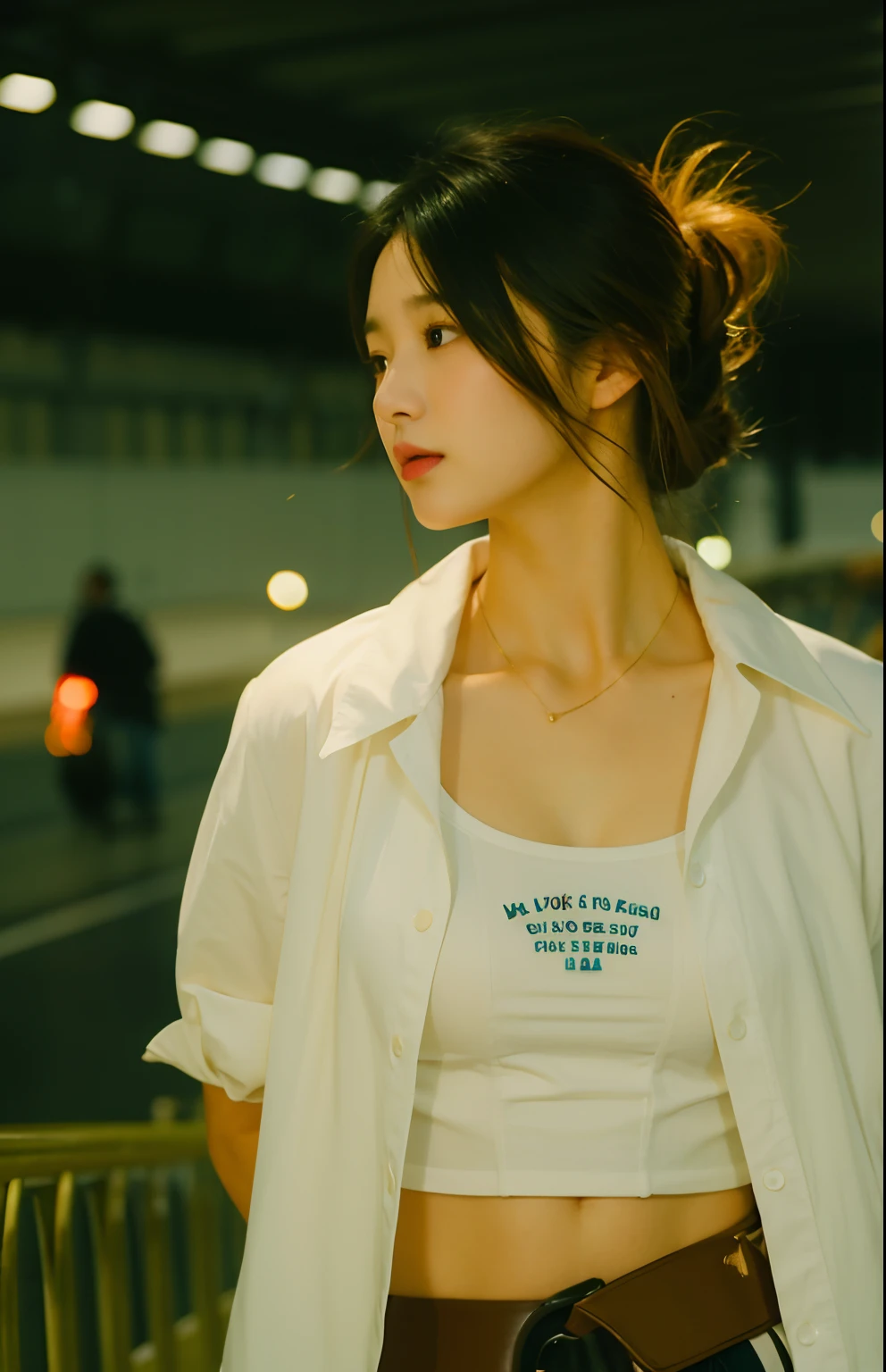 There was a woman in a brown jacket and a blue shirt, Soft portrait shot 8 K, bae suzy, Choi Hyun-hwa, close-up portrait film still, iu lee ji-eun as a super villain, close - up portrait shot, chiho, mid shot portrait, a close up portrait photo, lofi portrait, portrait soft low light，sideface，good eyes，Good nose，