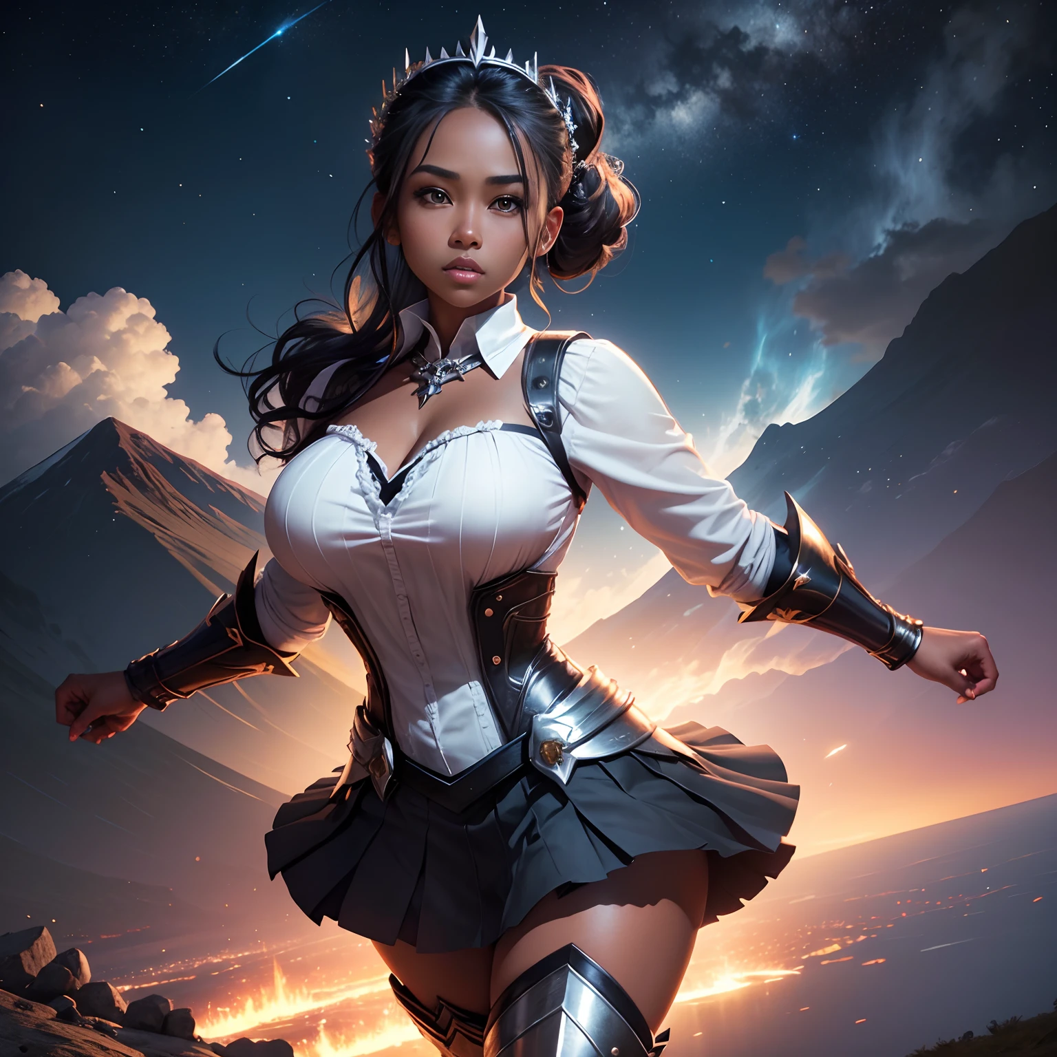1girl, solo, masterpiece, high quality, high detail, 8k, volumetric lighting, subsurface scattering, beautiful 25 year old woman, pacific islander, (dark skin:1.4), platinum hair, chignon updo, large breasts, cleavage, (blouse:1.4), (tiara:1.2), tie, fantasy armor, (pleated skirt:1.2), (greaves:1.4), stockings, lightning surrounds her, standing on top of a mountain, giant volcano erupting in background, sky full of stars, superhero pose, action pose, 171732