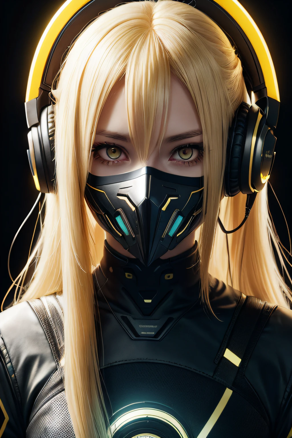 girl with long yellow hair, yellow eyes, futuristic vibes, mask on mouth, headphones, 8k, high quality, simple background, glowing eyes, nice pose