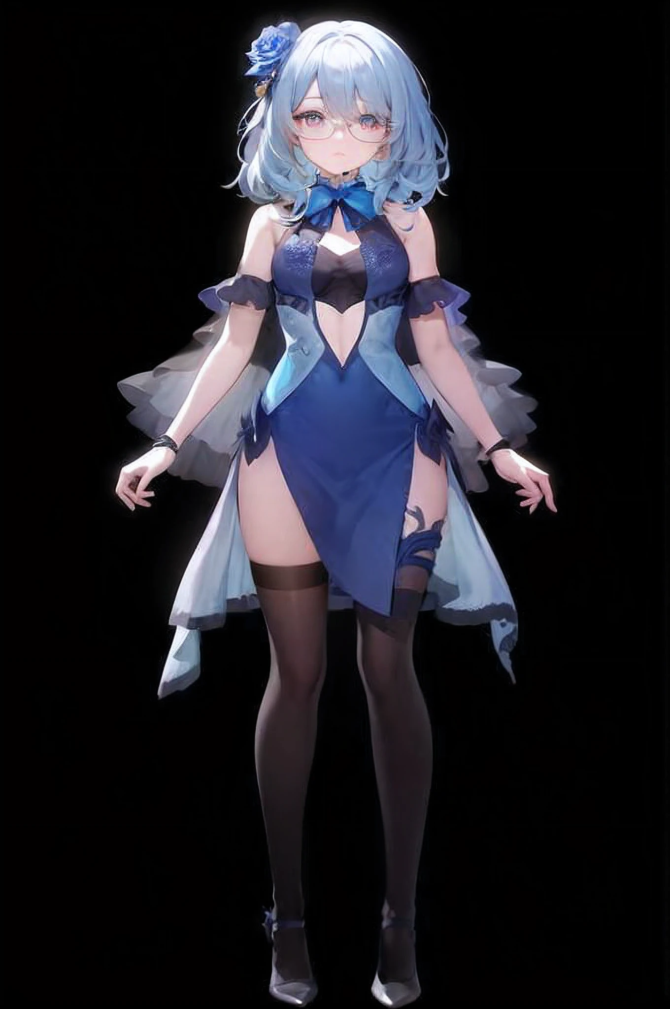 A woman in a blue dress and black stockings standing in front of a black background, full-body xianxia, cute anime waifu in a nice dress, beautiful full-body concept art, anime woman fullbody art, from girls frontline, full body concept, lunar themed attire, official character art, anime full body illustration, Kushatt Krenz Key Art Women