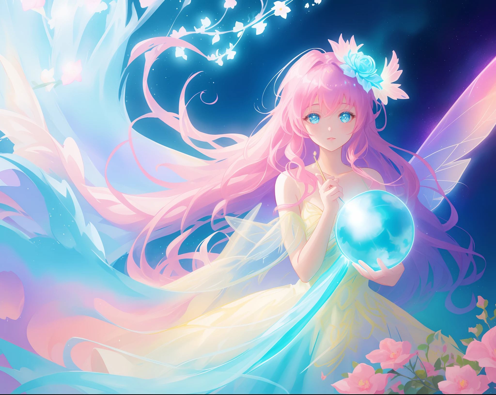 beautiful girl in flowing liquid dress, fairy dress, fairy queen, magical otherworldly landscape, (glowing fairy wings), glowing flowing ballgown, long hair, sparkling fairy wings, watercolor illustration, flowers and colorful plants, inspired by Glen Keane, inspired by Lois van Baarle, disney art style, by Lois van Baarle, glowing aura around her, by Glen Keane, jen bartel, glowing lights! digital painting, flowing glowing hair, glowing flowing hair, beautiful digital illustration, fantasia otherworldly landscape plants flowers, beautiful, masterpiece, best quality, anime disney style