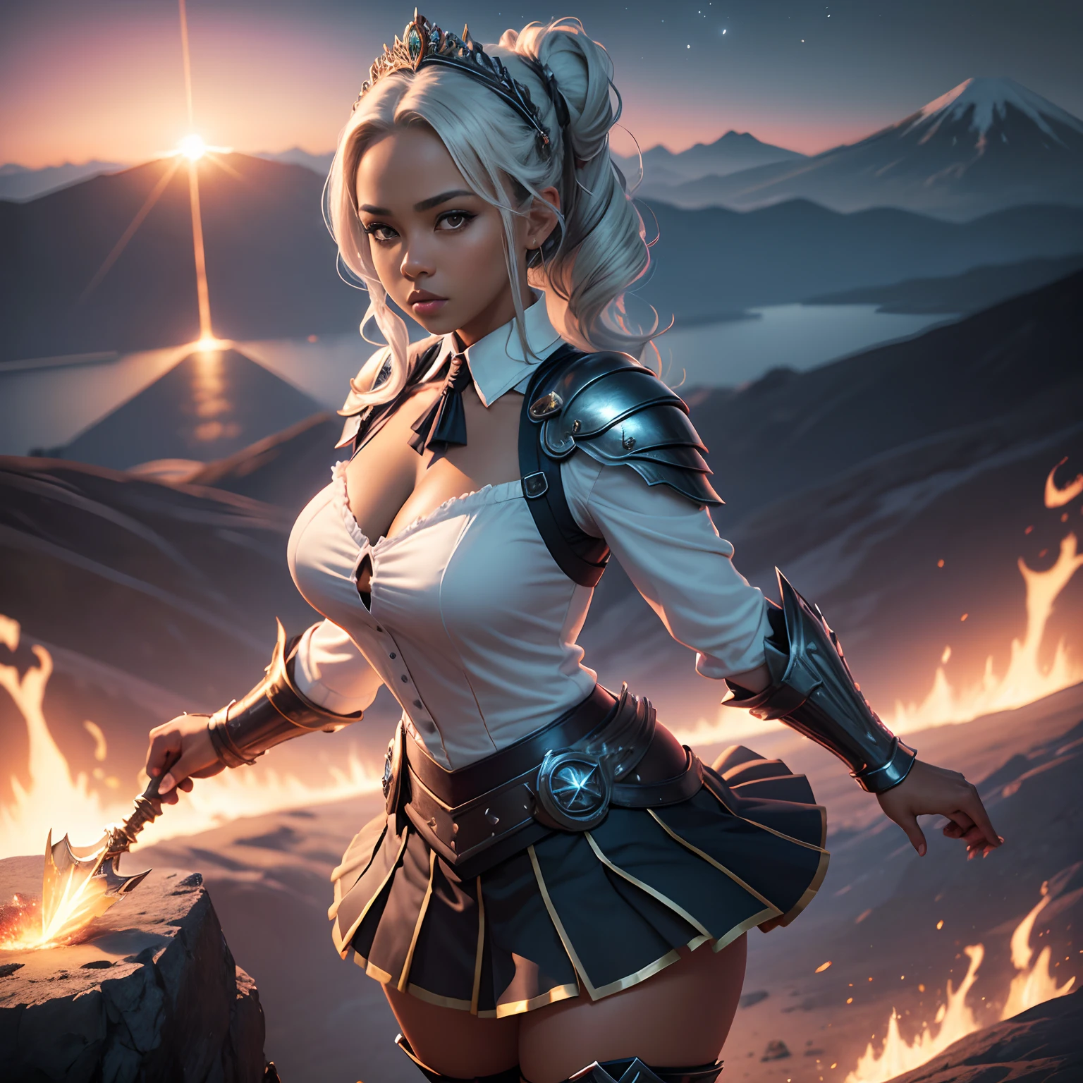 1girl, solo, masterpiece, high quality, high detail, 8k, volumetric lighting, subsurface scattering, beautiful 25 year old woman, pacific islander, (dark skin:1.4), platinum hair, chignon updo, large breasts, cleavage, (blouse:1.4), (tiara:1.2), tie, fantasy armor, (pleated skirt:1.2), (greaves:1.4), stockings, lightning surrounds her, standing on top of a mountain, giant volcano erupting in background, sky full of stars, superhero pose, action pose, 171732