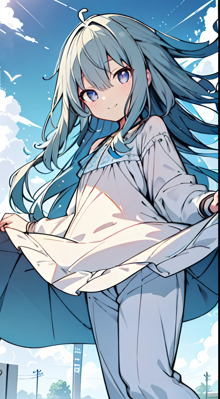 masuter piece, Best Quality,32K、Wallpaper, ultra -detail, Absurd beauty, 1Beautifulwoman、Pupils of large eyes、Hair fluttering in the wind、slender long legs、Smaller head、miscievous smile、Angle looking up from below