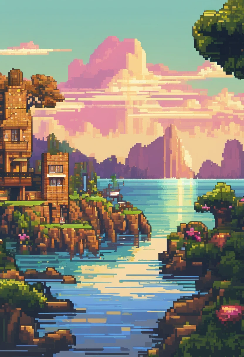 Pixel art tourist landscape. evening. 3D pixel art 4K wallpaper. Incredible pixel art details. Pixel art. steam wave. Detailed Unreal Engine pixel art