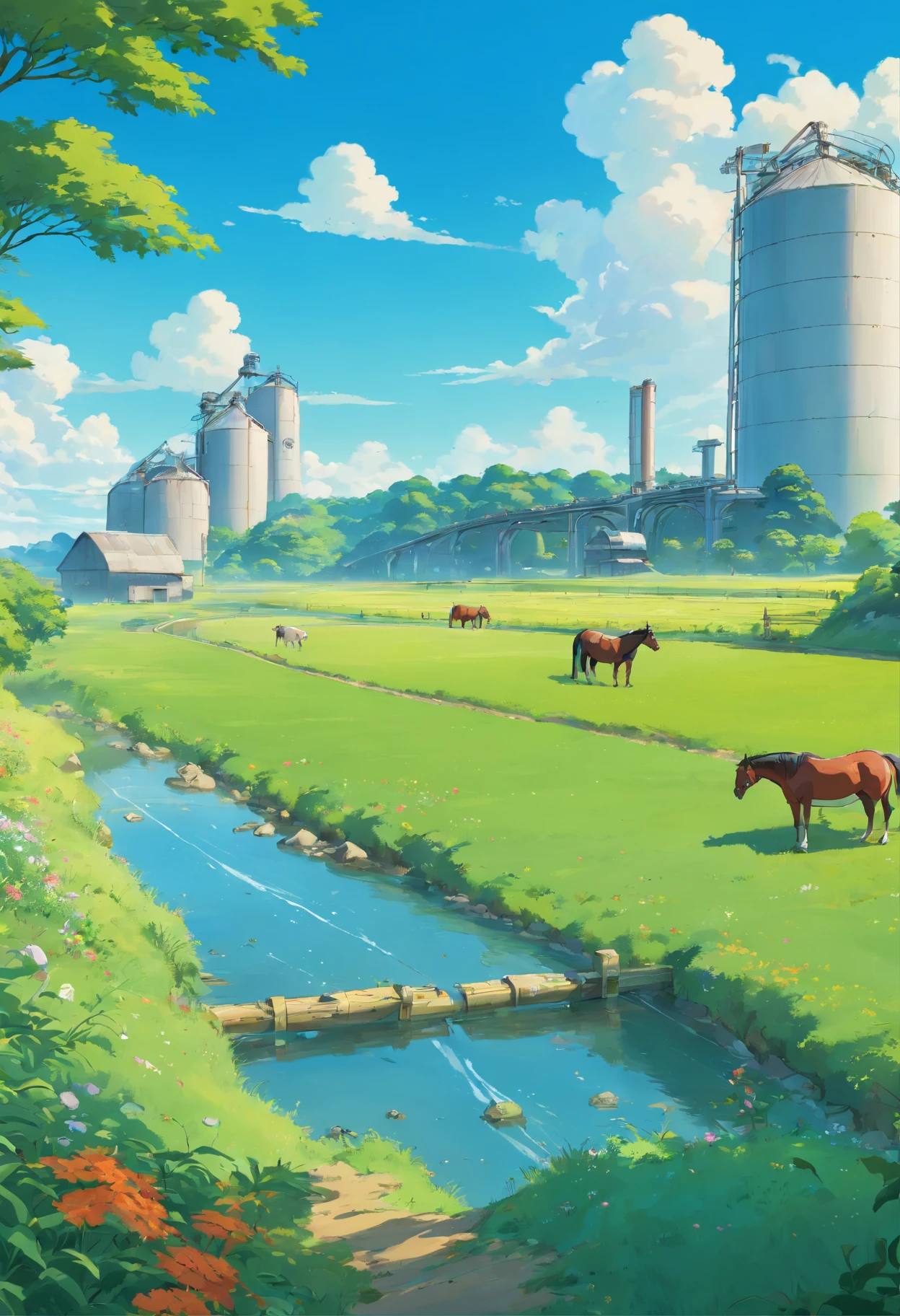Landscaped and futuristic scenery for the Metaverse of a grass field, in the background plantations with a river with horses, cattle, blue sky, silo area, VR glasses, harvesting machines