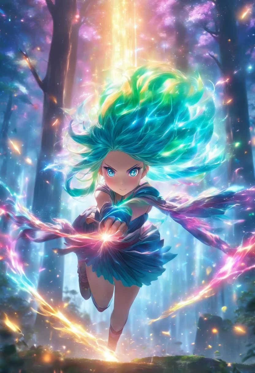 (best quality,4k,8k,highres,masterpiece:1.2),ultra-detailed,(realistic,photorealistic,photo-realistic:1.37),female with glowing teal eyes,rainbow colored hair,casting glowing spells,mystical forest,illustration,enchanted atmosphere,vibrant colors,soft lighting