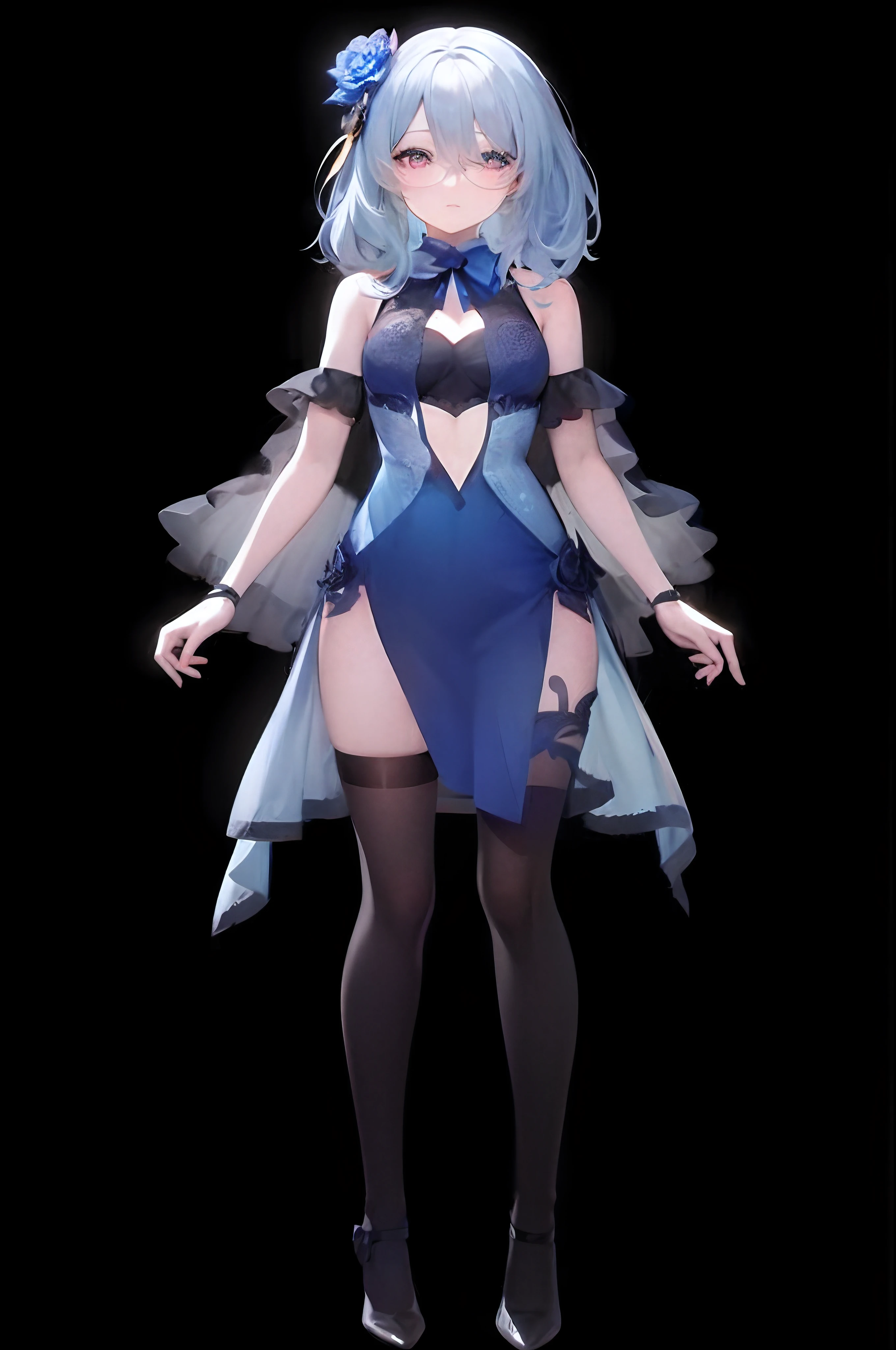 A woman in a blue dress and black stockings standing in front of a black background, full-body xianxia, cute anime waifu in a nice dress, beautiful full-body concept art, anime woman fullbody art, from girls frontline, full body concept, lunar themed attire, official character art, anime full body illustration, Kushatt Krenz Key Art Women