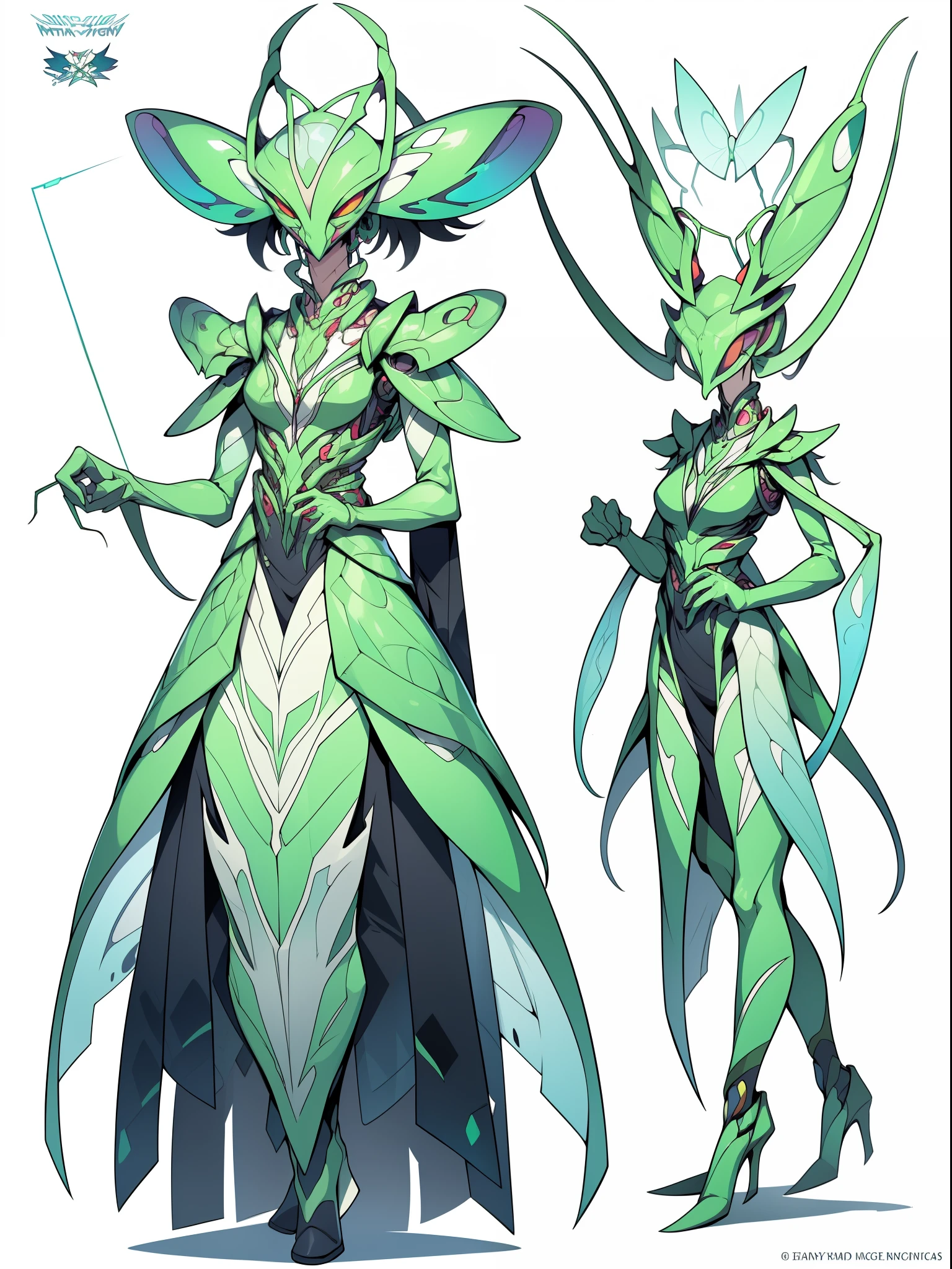 (1 Personification of the praying mantis), Full body standing painting, (((独奏))), (tmasterpiece，top Quority，best qualtiy), ((Personification of the praying mantis)), 独奏, (The dominant color is the color), Conceptual diagram of the human structure of a praying mantis, Creature armor, character design contest winner, Cyberpunk praying mantis, Great character design, Cyborg praying mantis, Fantasy Mantis Man, ((cyber punk style，machine arm，Hologram aura，Surreal Science Fiction Art，Future Science Fiction Aesthetics)), Biopunk cyborg praying mantis, interesting character design, insect trainer girl, no type, cushart kenz, Cyberpunk cyborg praying mantis, full body concept, high quality character design, character design art, ((very simple background))、(Game character design), white backgrounid（（（flatcolors）））