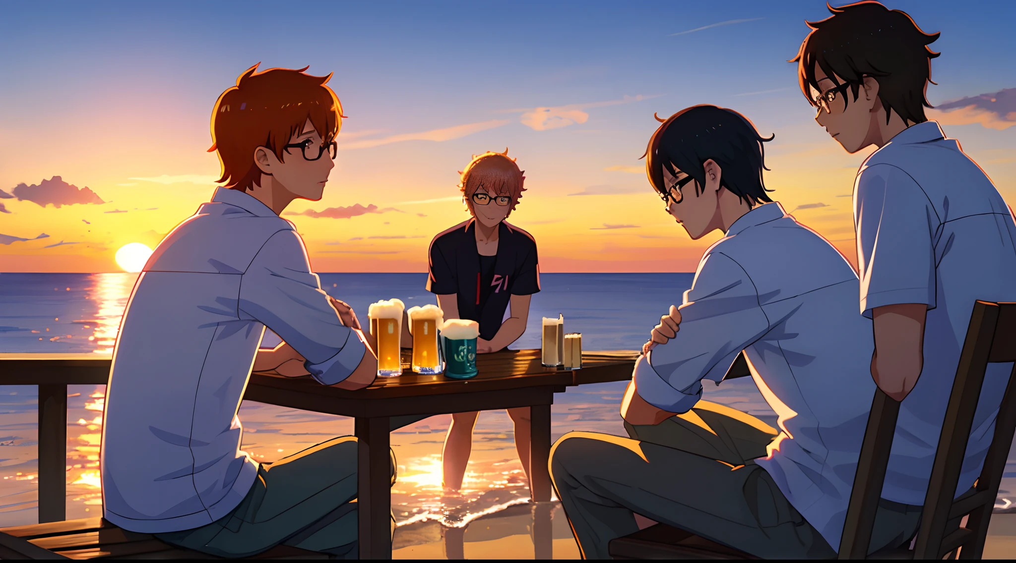 Three boys, one in glasses, looking at sunset, sitting in front of the sunset, in the sea, anime style, ultra realistic pixar style, having a beer, thinking about life