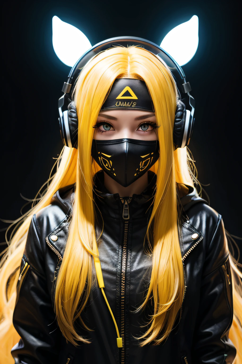 girl with long yellow hair, yellow eyes, futuristic vibes, mask on mouth, headphones, 8k, high quality, simple background, glowing eyes, nice pose