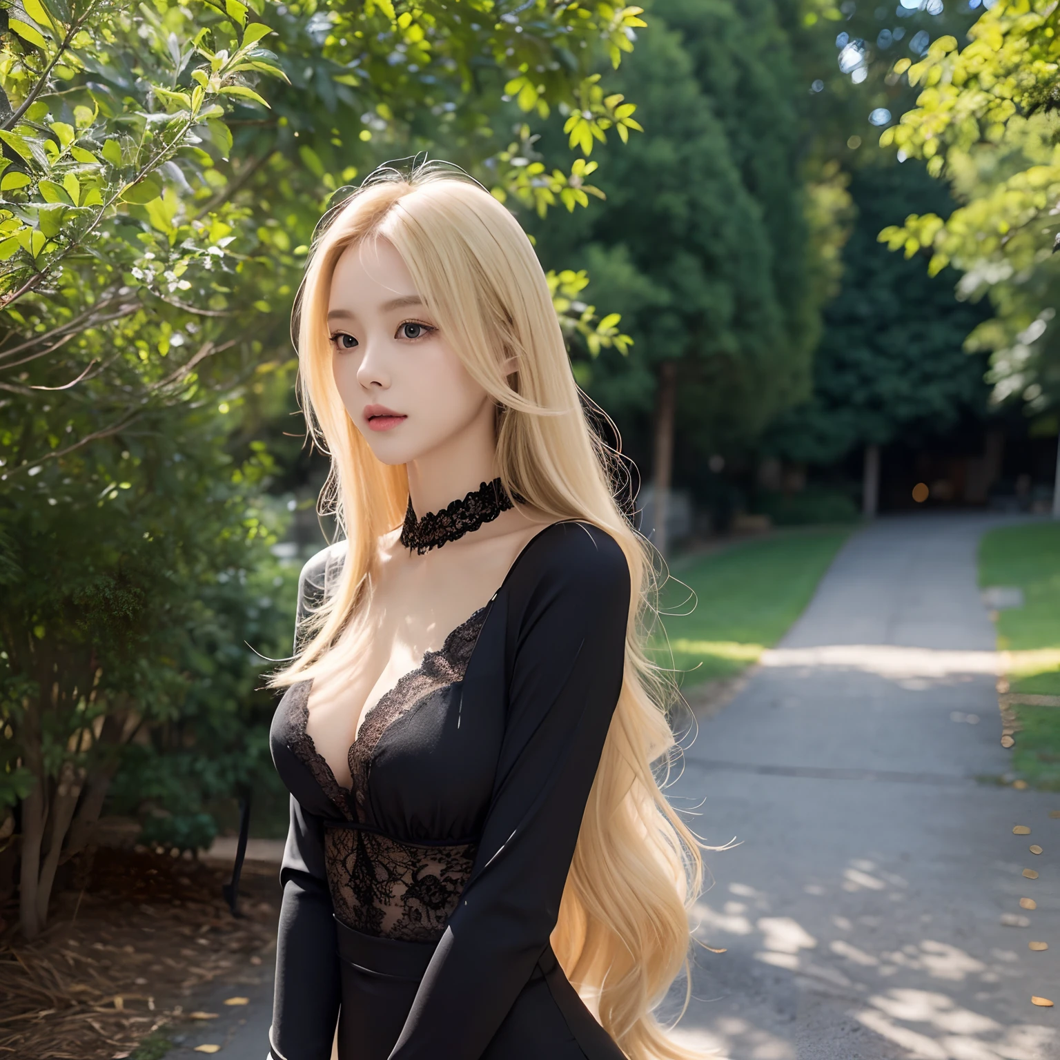 girl with long blonde hair, thin, sexy, Sexy thin hot body, sexy tight black clothes with cleavage and lace, Realistic, outside photo, Real girl real picture, outside