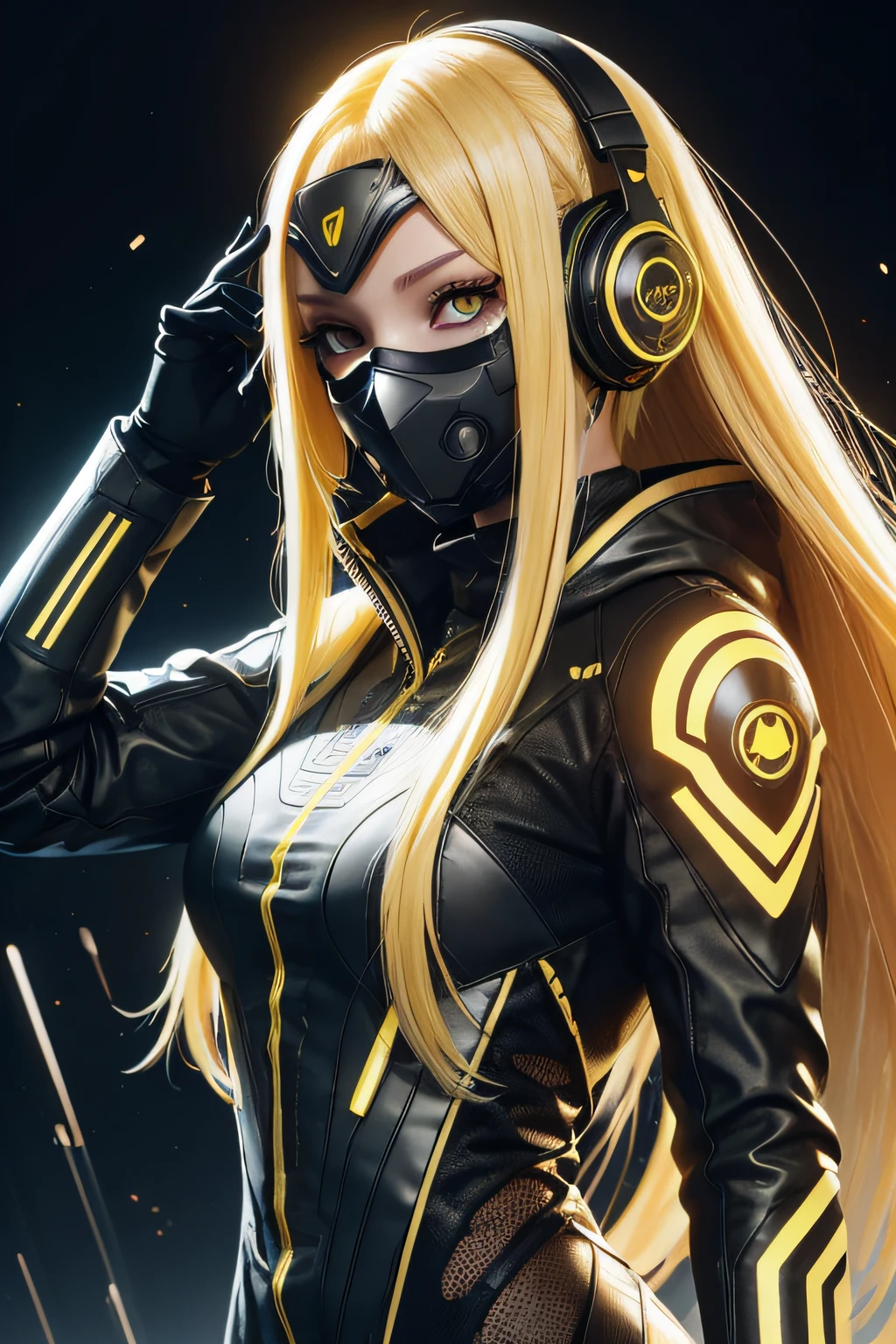 girl with long yellow hair, yellow eyes, futuristic vibes, mask on mouth, headphones, 8k, high quality, simple background, glowing eyes, nice pose