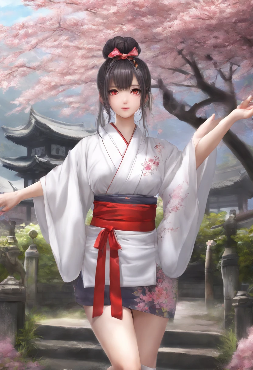 ((masterpiece,best quality)),outdoors, red torii, tree,  stairs,, 2girls, miko,miko, looking at viewer, looking back,, red legwear, red ribbon, black hair,cherry blossoms, day, flower, hair bun, hair ribbon, japanese clothes, kimono, long hair, cat ears, small flowers，, multiple girls,  red eyes, red hair, ribbon, sandals, single hair bun, standing,clog sandals,white kimono, yellow eyes,sparkle,thighhighs,