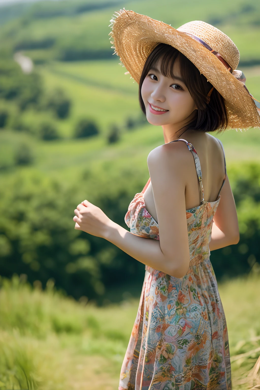 masterpiece、4K、top-quality、beautiful Korean women、detail portrayal、1 girl in、23years old、(sundress:1.1)、bob cuts、夏天、countryside、depth of fields、cowboy shot、Angle from top、ssmile