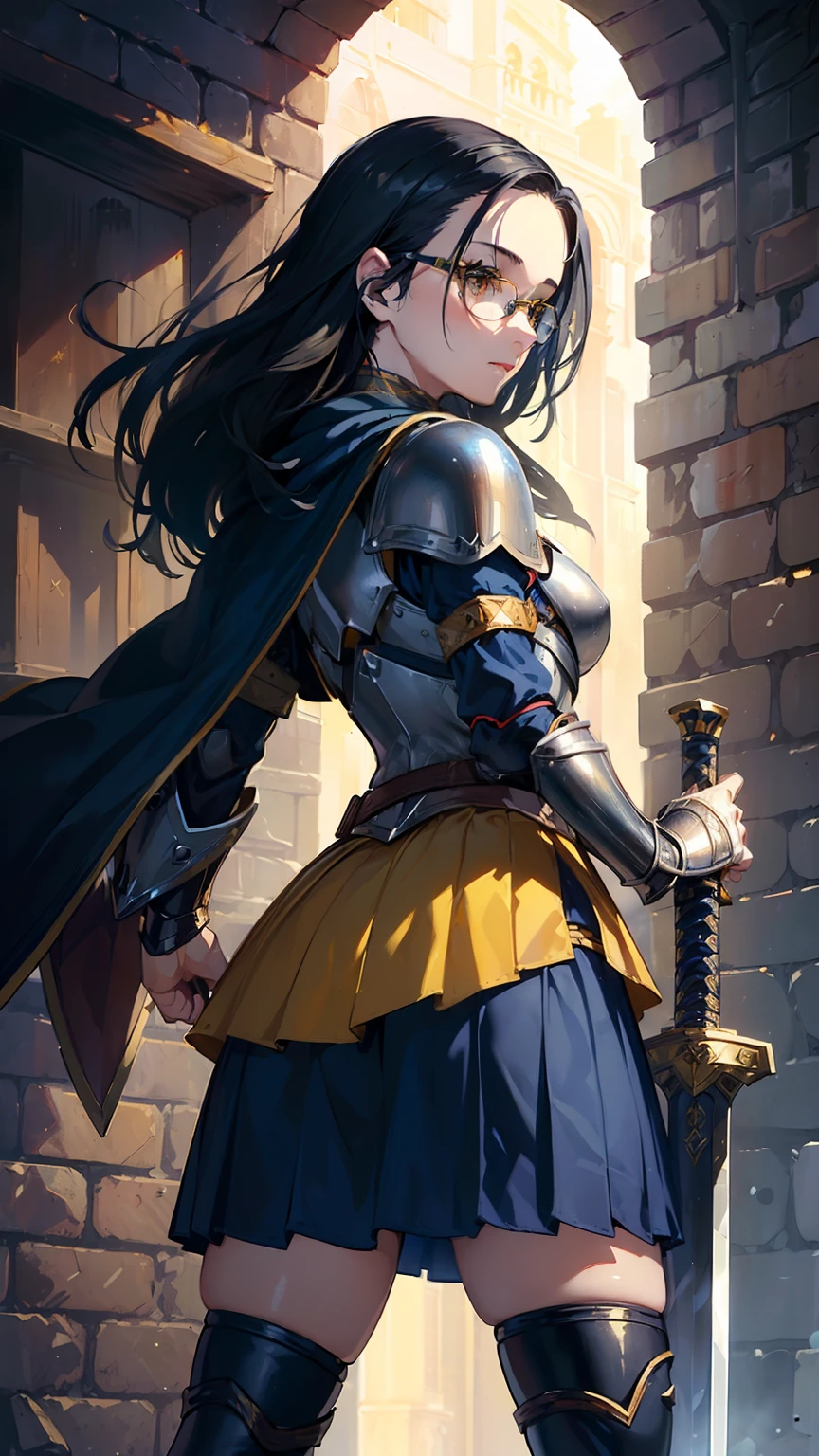 (((((middle age woman))))), masterpiece, ultra detailed, 8k portrait, RAW photo, portrait photography, highly detailed face, ((Fantasy)), 1 woman, (((female knight))), (((spread legs standing))), 33 years old, (((((tall))))), (((small eyes))), glasses, (((black straight long hair))), ((forehead)), (((white skin color))), (((navy blue armor and extra short skirt))), (((yellow long cloak))) fluttering in the wind, (((iron gaiters))), (((equip a long sword and large shield))), Midday Sun, hyper realistic, Body model, (((Small breasts))), Beautiful breasts, (big butt), (thick thighs), Long legs, in the medieval adventurer's guild, Ambient lighting, Shadow details , Camera focus on face, strong breeze, Light fog