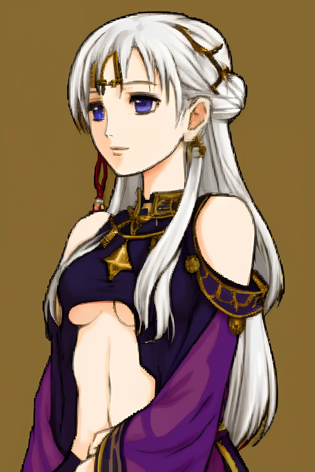 detailed face and eyes, solo focus, tellius-style, halfbody, no frames, simple background, 1girl, astrologer, white hair, starry eyes, messy bun, star jewelry, dark purple dress, medium boobs, underboob, midriff