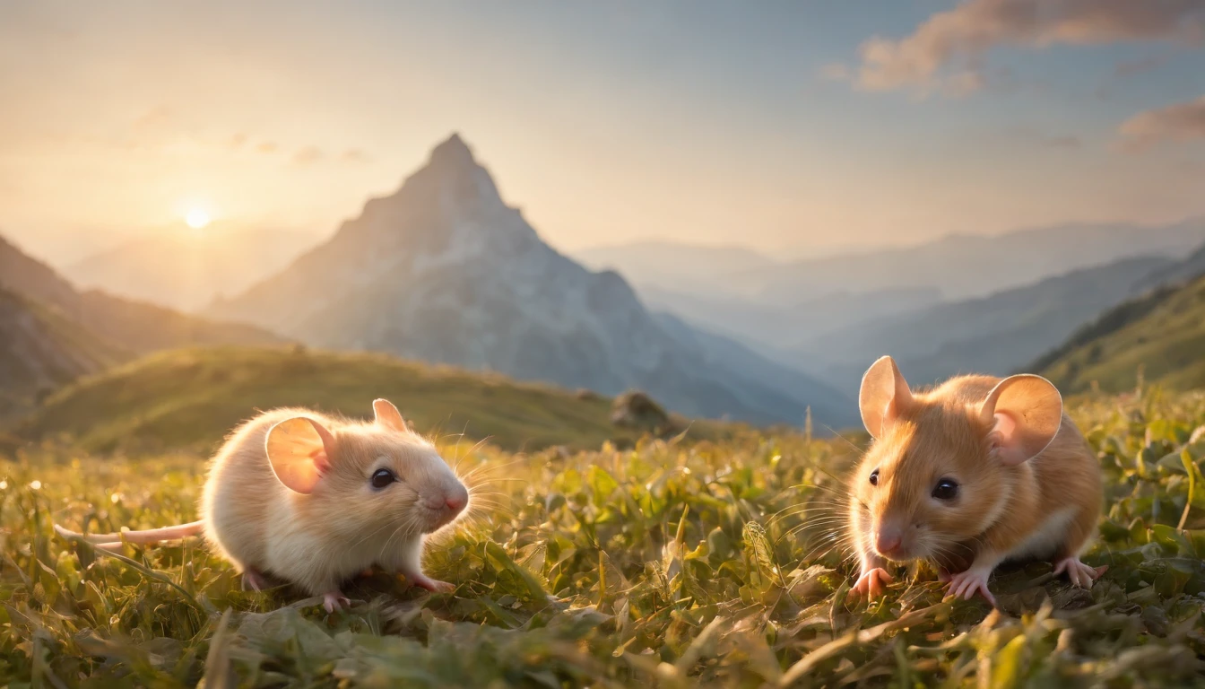 16k, massive details, ((complex details))) immense sky,field of a beautiful mountain scene with a cute baby mouse with her father, golden hour ,amazing sky,Level 15,rocky surface, (photorealistic), art (((Claude Lorrain))), J.R. Tolkien Type [sharp focus], (HDR), (8k), (gigapixel), (masterpiece)