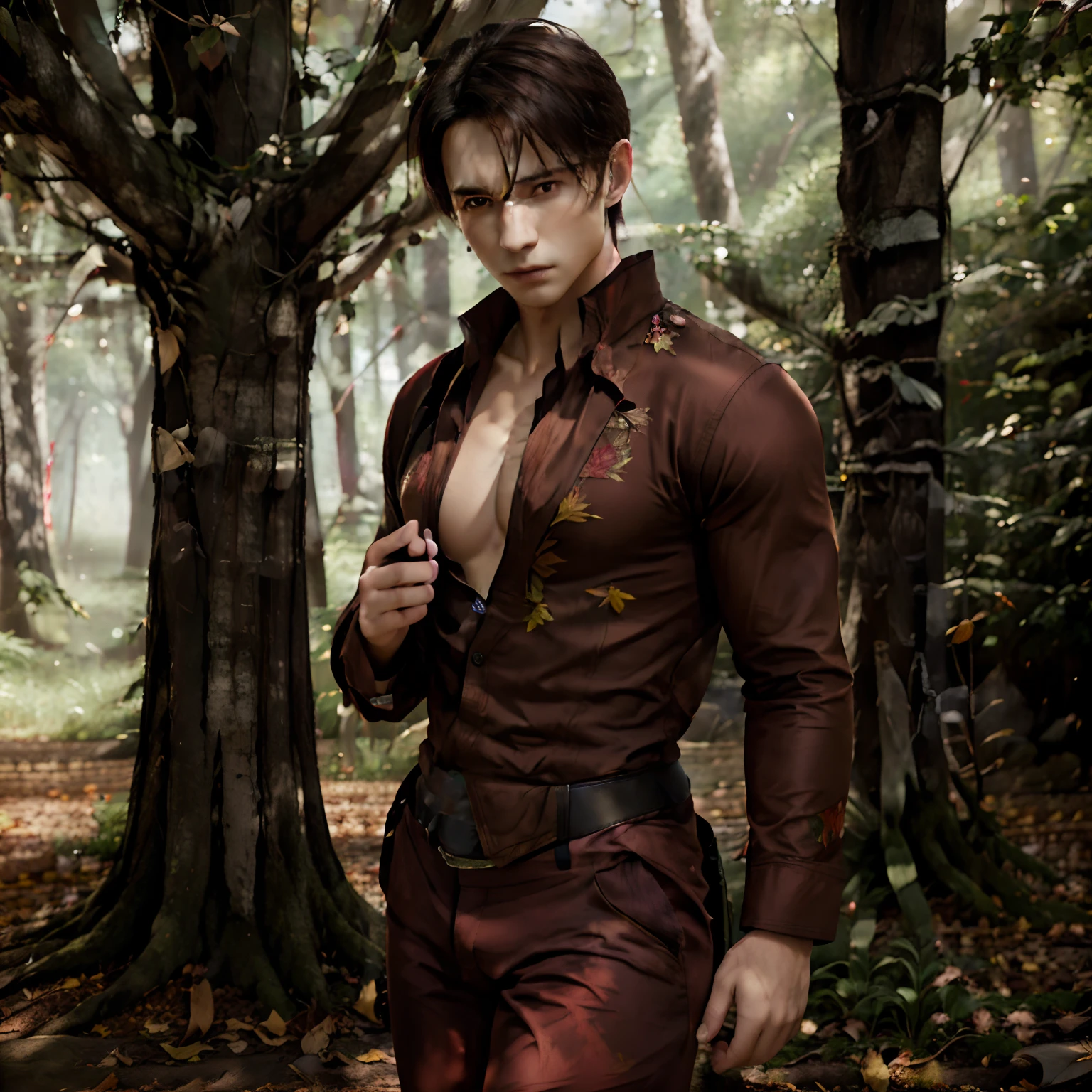 (best quality,4k,8k,highres,masterpiece:1.2),ultra-detailed,(realistic,photorealistic,photo-realistic:1.37), Elf man, ranger, robes made of autumn leaves, clothes made of autumn leaves, mystical forest, enchanted scenery, ancient trees, vibrant colors, soft sunlight, magical atmosphere, delicate details, elven heritage, graceful posture, noble appearance, intricate red and brown leaf patterns, tranquil expression, red shirt, brown shirt, red eyes, long pants, covered legs
